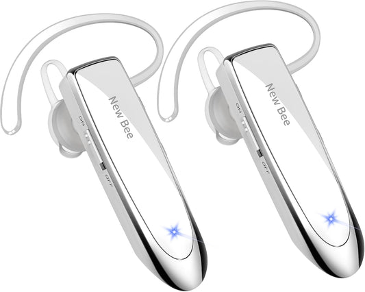 New bee [2 Pack] Bluetooth Earpiece V5.0 Wireless Handsfree Headset 24 Hrs Driving 60 Days Standby Time with Bluetooth Headset for iPhone Android Laptop Truck Driver(White)