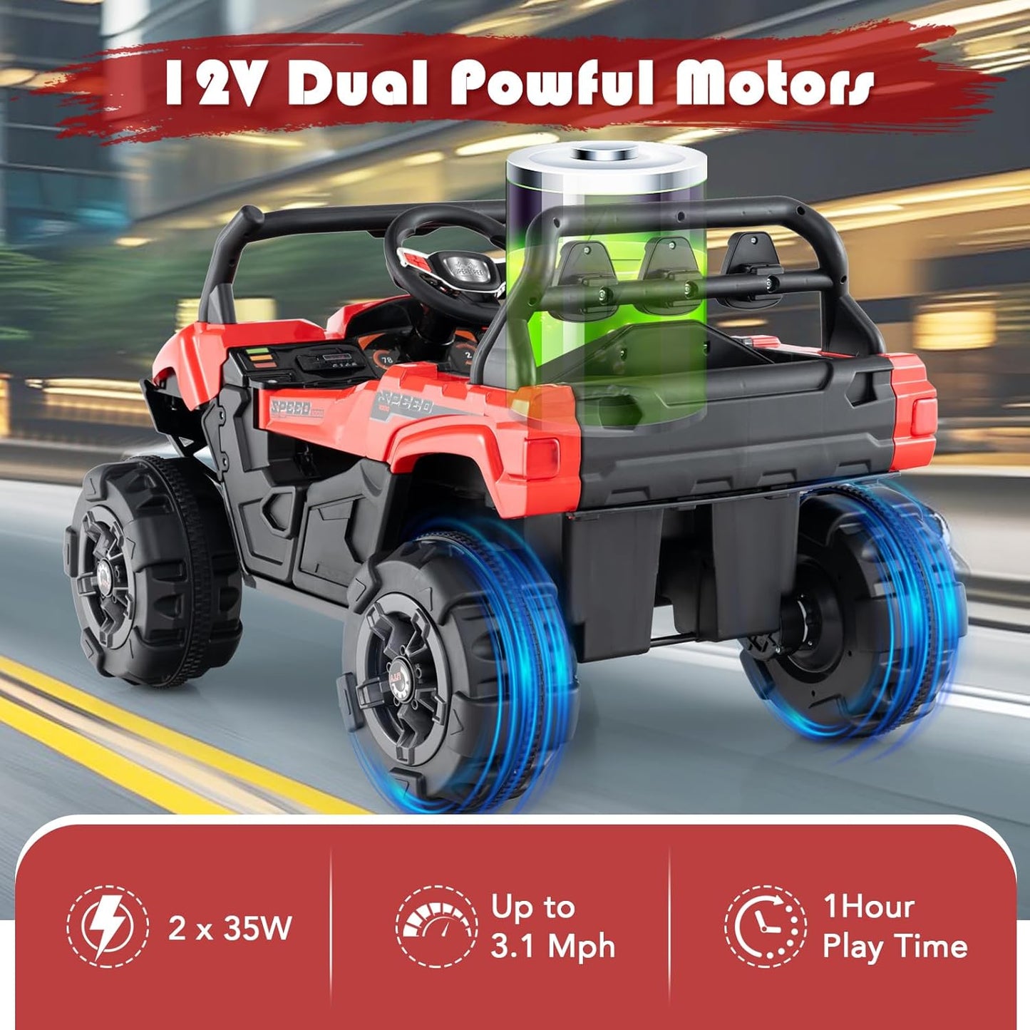 OLAKIDS 12V Ride on Car UTV, Battery Powered Off-Road Kids Electric Vehicles with Remote Control, Music, Horn, MP3, Lights, 3 Speeds, Soft Start, Ride on Truck for Boys Girls (Red)