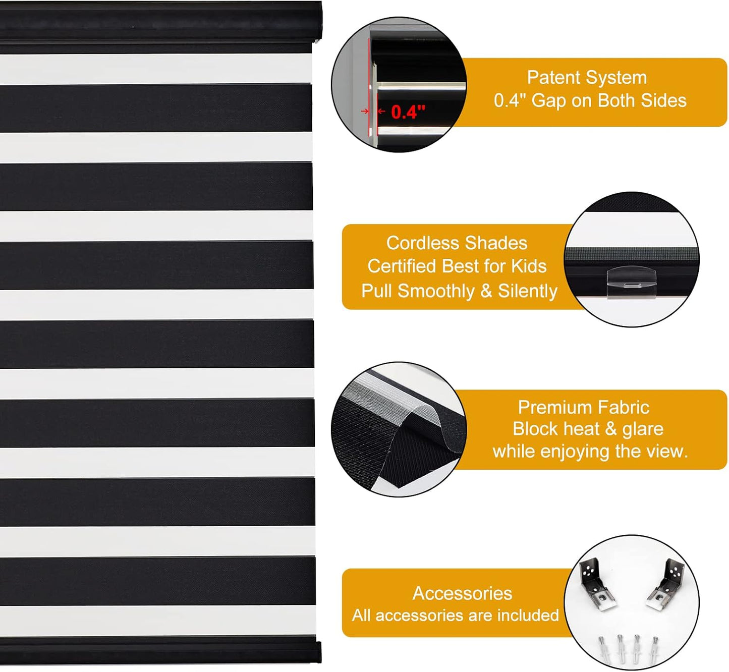 Persilux Cordless Zebra Blinds for Windows Free-Stop Roller Windows Shades (31" W X 72" H, Black) Dual Layer Light Control for Day and Night, Light Filtering Sheer Shades for Home, Easy to Install