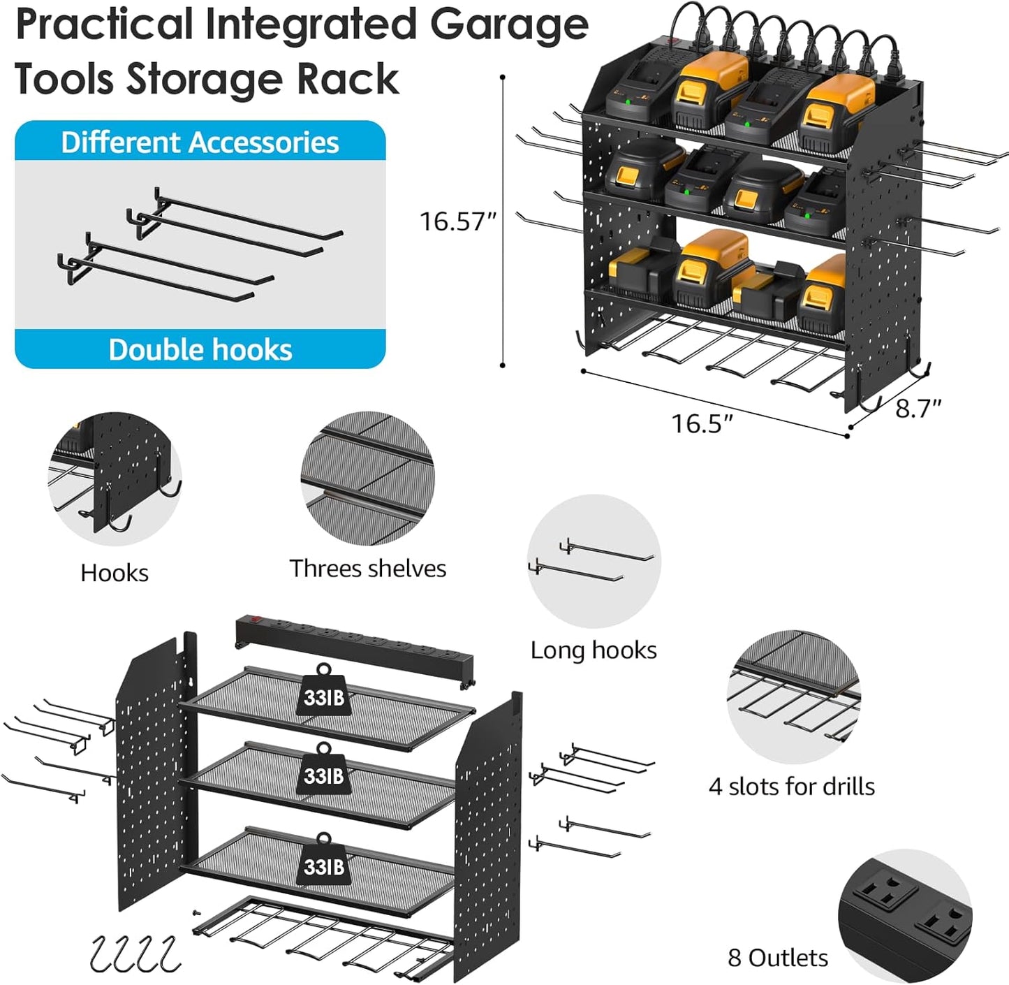 CCCEI Modular Power Tool Organizer with Charging Station. 4 Layer Wall Mount Drills Holder, Tool Battery Charger Organizer. Garage Shop Storage Utility Shelf with 6FT Power Strip, Gift for Men.