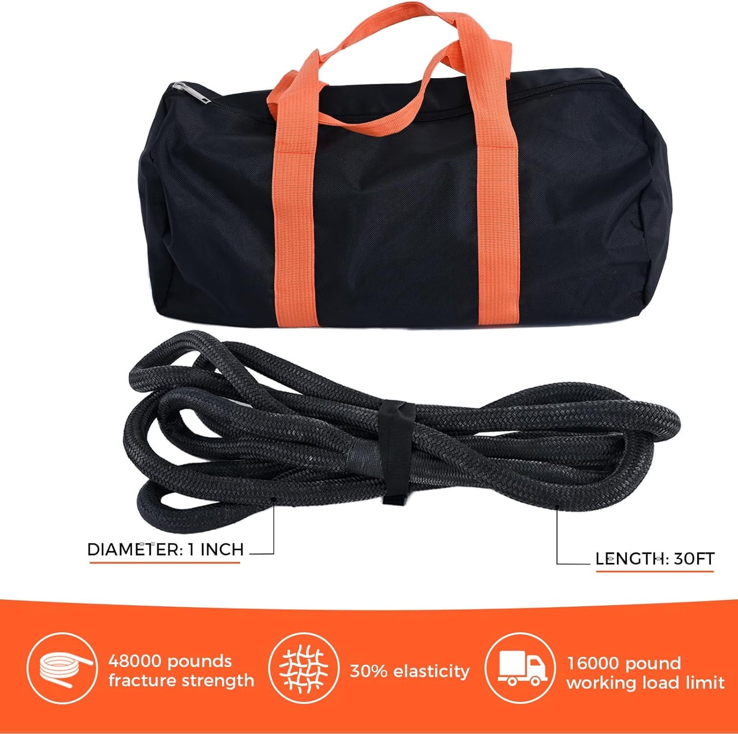 Kinetic Recovery Tow Rope, 48000LBS Snatch Strap (1" x 30ft) with Soft Shackles, Extreme Duty 30% Elasticity Energy Offroad Towing Straps Kit for Car Jeep Trucks SUV UTV ATV Tractor - Black