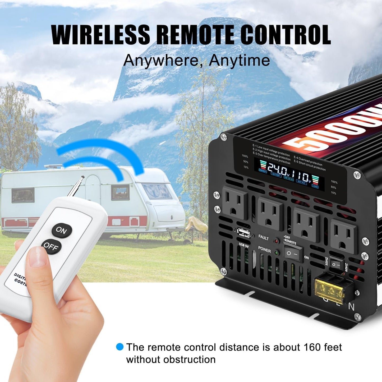 LVYUAN 5000 Watt Power Inverter 24V to 110V 120V for Vehicle, Solar Inverter System, Heavy Duty, RV, Truck, Off Grid,Camping with 4 AC Outlets, LCD Display, Wireless Remote Control, Car Power Inverter