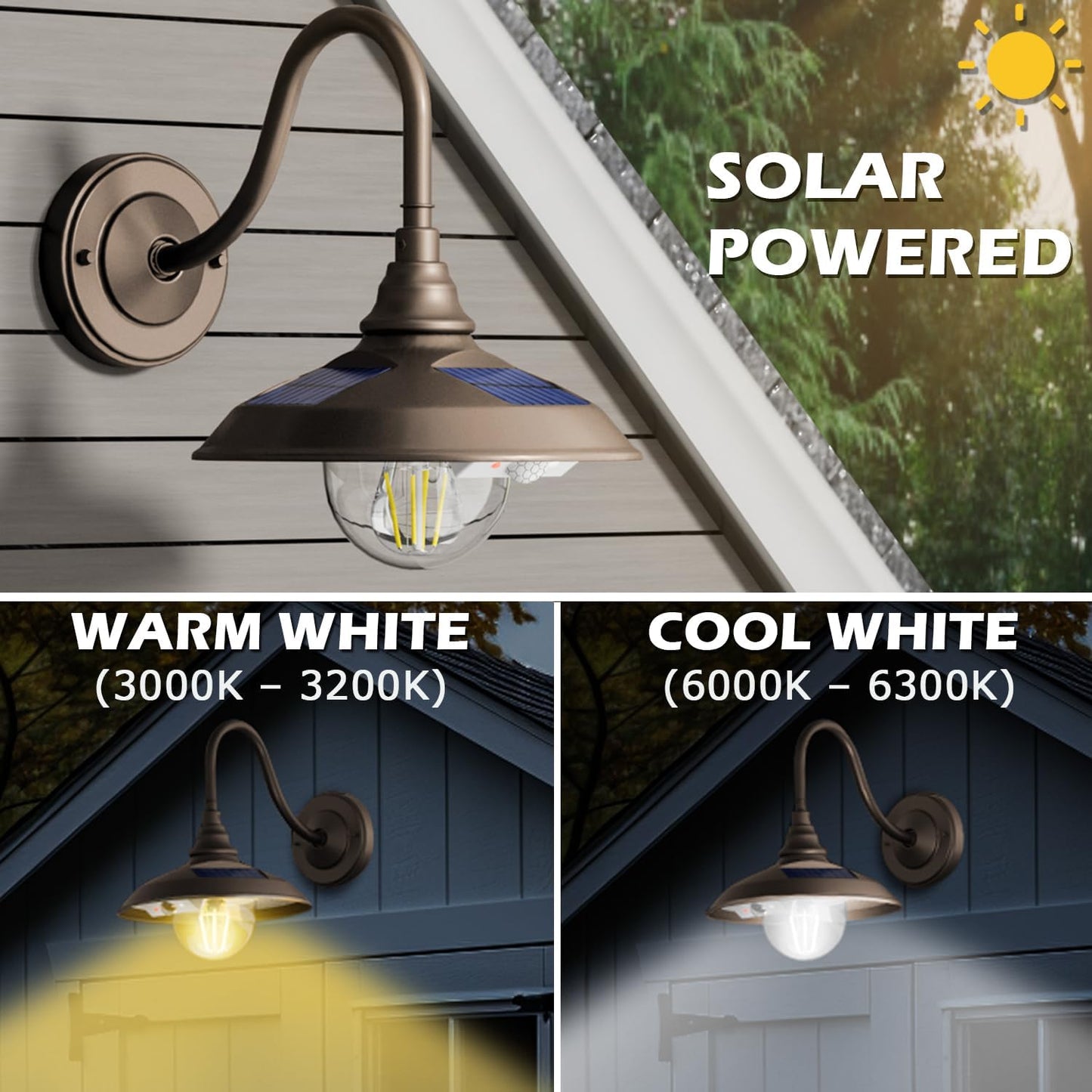 SIEDiNLAR Solar Barn Light Outdoor 3 Modes 2 Lighting, Aluminum Gooseneck Wall Light Vintage Farmhouse Waterproof with Remote & Motion Sensor for Barn Garage Shed Chicken Coop Dark Bronze (1 Pack)