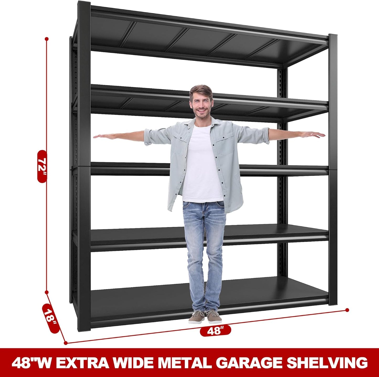 REIBII 48" W Garage Shelving 2500LBS Storage Shelves Adjustable Metal Shelving Heavy Duty Garage Shelves for Warehouse Pantry Basement 48" W x 72" H x 18" D
