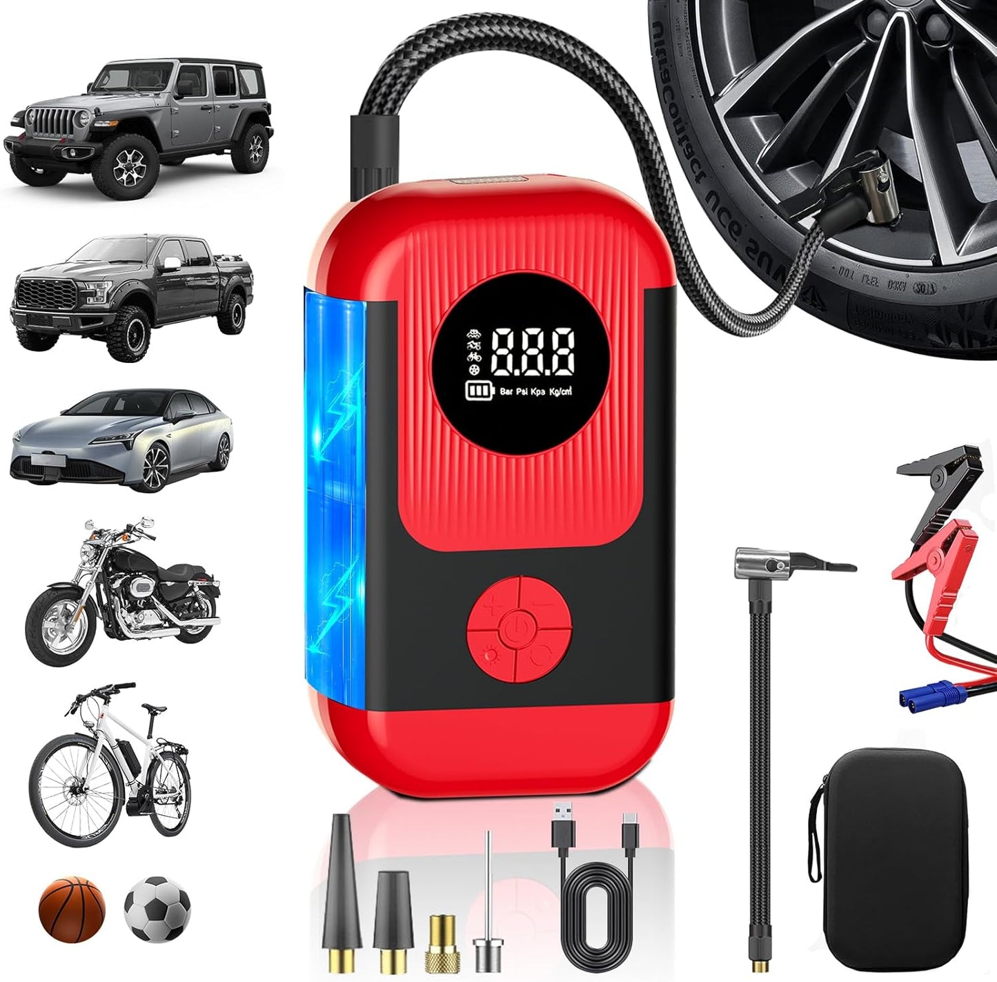 Tire Inflator Portable Air Compressor with battery jumper starter, 28000mAh Battery 3X Faster Cordless Tire Inflator with Tire Pressure Gauge,150PSI Electric Air Pump for Car Tires,Motorcycle,Bike