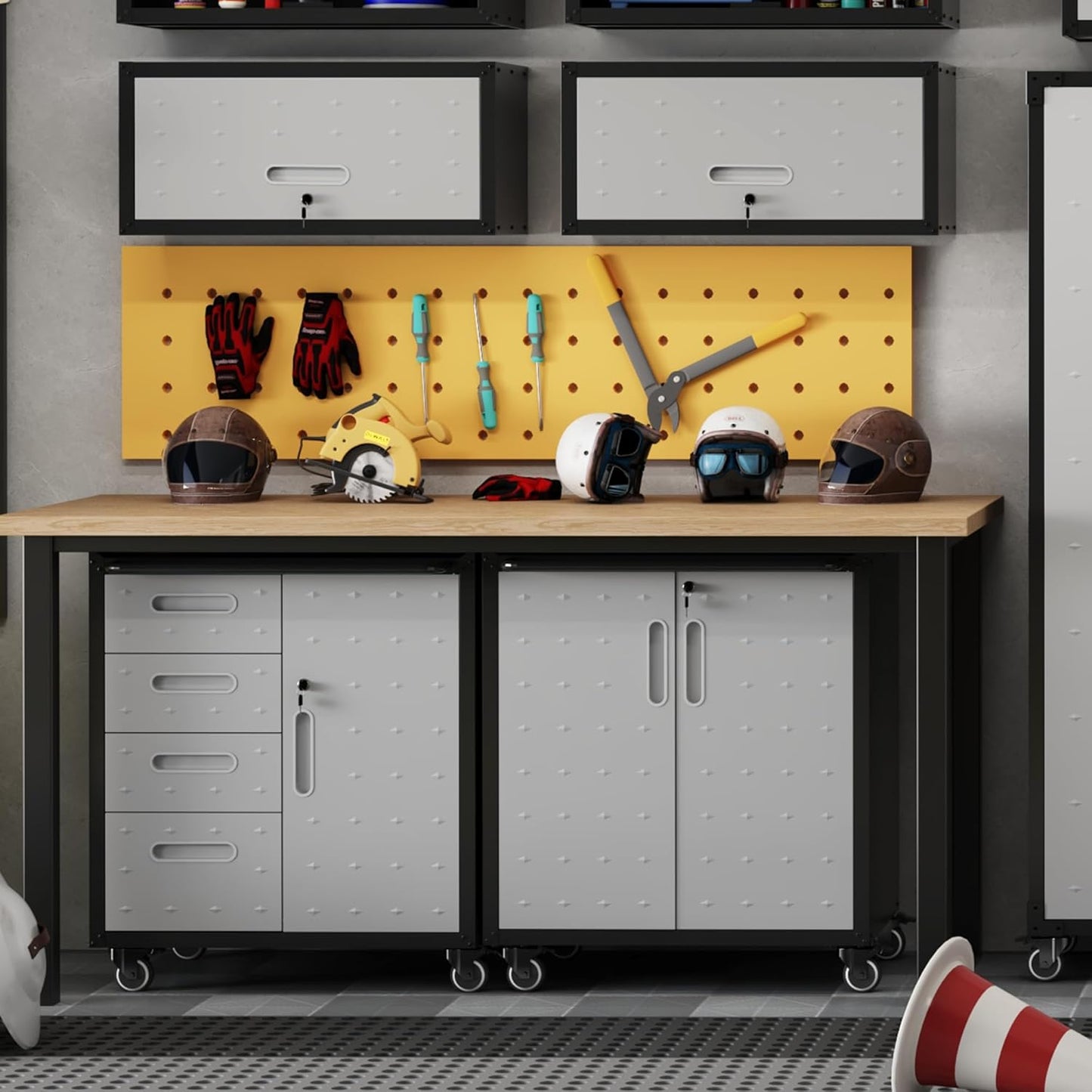 Metal Tool Cabinet,Garage Storage Cabinet System,Wall Cabinet & Locking Rolling Tool Cabinet with Doors and Adjustable Shelves,Steel Tool Cabinets for Home,Office (2 Pcs-Styled, Black & Grey)