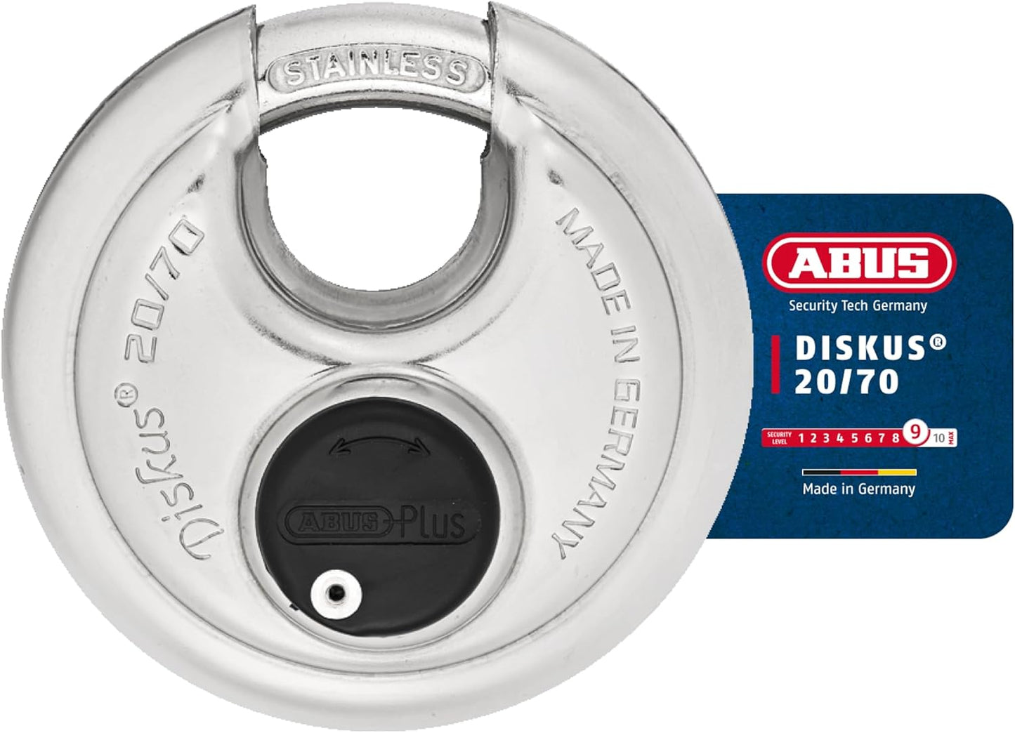ABUS Diskus 20/70 Heavy Duty Stainless Steel Disk Padlock - Rustproof Lock with 3/8" Shackle - Made in Germany - Keyed Different