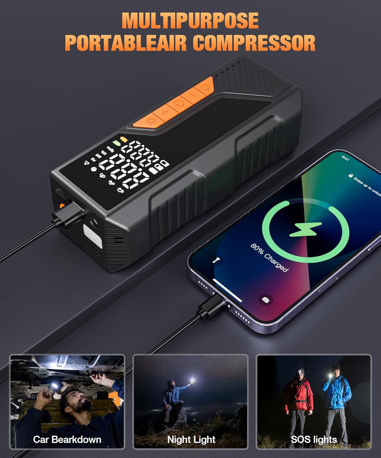 Tire Inflator Portable Air Compressor, 150PSI Portable Air Pump for Car Tires, Faster Air inflator Tire Pump with Digital Pressure Gauge LED Light for Car, Motorcycle, Bicycle, Balls