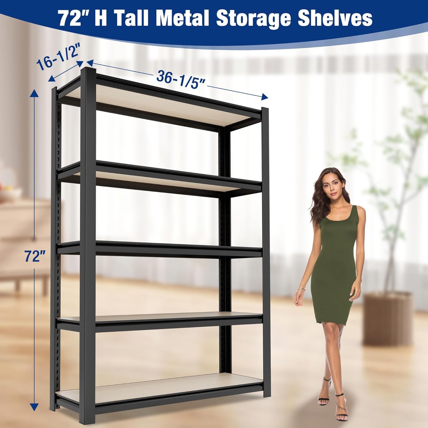 WORKPRO House 3000lbs 5-Tier Shelving Unit, 72" H Adjustable Storage Shelves, Boltless Book Shelf, Shelf Organizer for Kitchen, Living Room, Bathroom, Wood Grain Pattern, Waterproof Board, Black