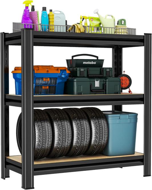 Garage Shelving, 3-Tier Adjustable Storage Shelves, Metal & Wood Pantry Shelf Organizer, Modern Garage Shelving Unit, Utility Storage, 29" W x 30" H x 12" D