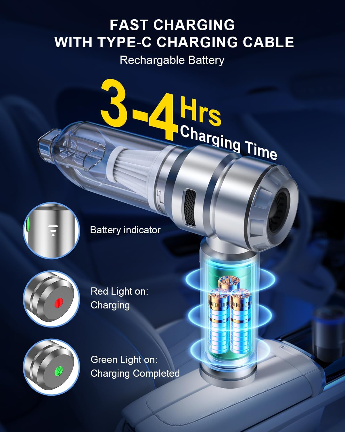Car Vacuum,3 Suction Modes,Portable Mini Cordless Cleaner with 21000pa Suction Power,Type-C Charge,Handheld Vacuum for Home,Car, Office Desk, Keyboards(Light Silver)