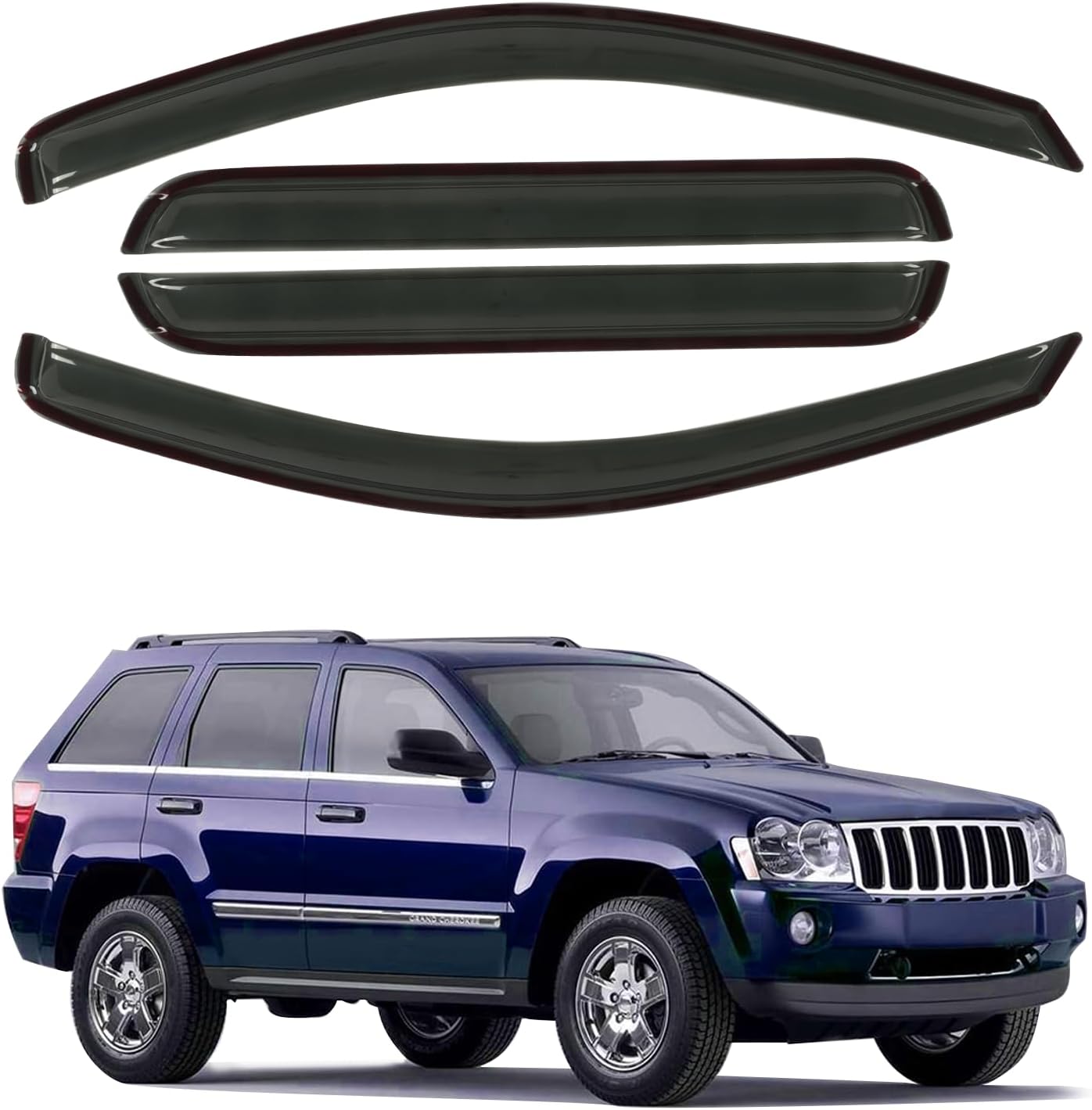Rain Guard Fit for 2005-2010 Jeep Grand Cherokee, Outside Mount Side Window Visor Deflector, Dark Smoke Vent Shade Shield, 2005 2006 2007 2008 2009 2010, 4pcs