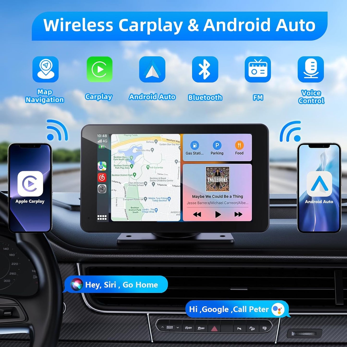 Wireless Apple Carplay and Android Auto Screen for Car, 7" HD Portable Touch Screen Car Stereo with Bluetooth, Backup Camera, Navigation, Mirror Link for All Vehicles
