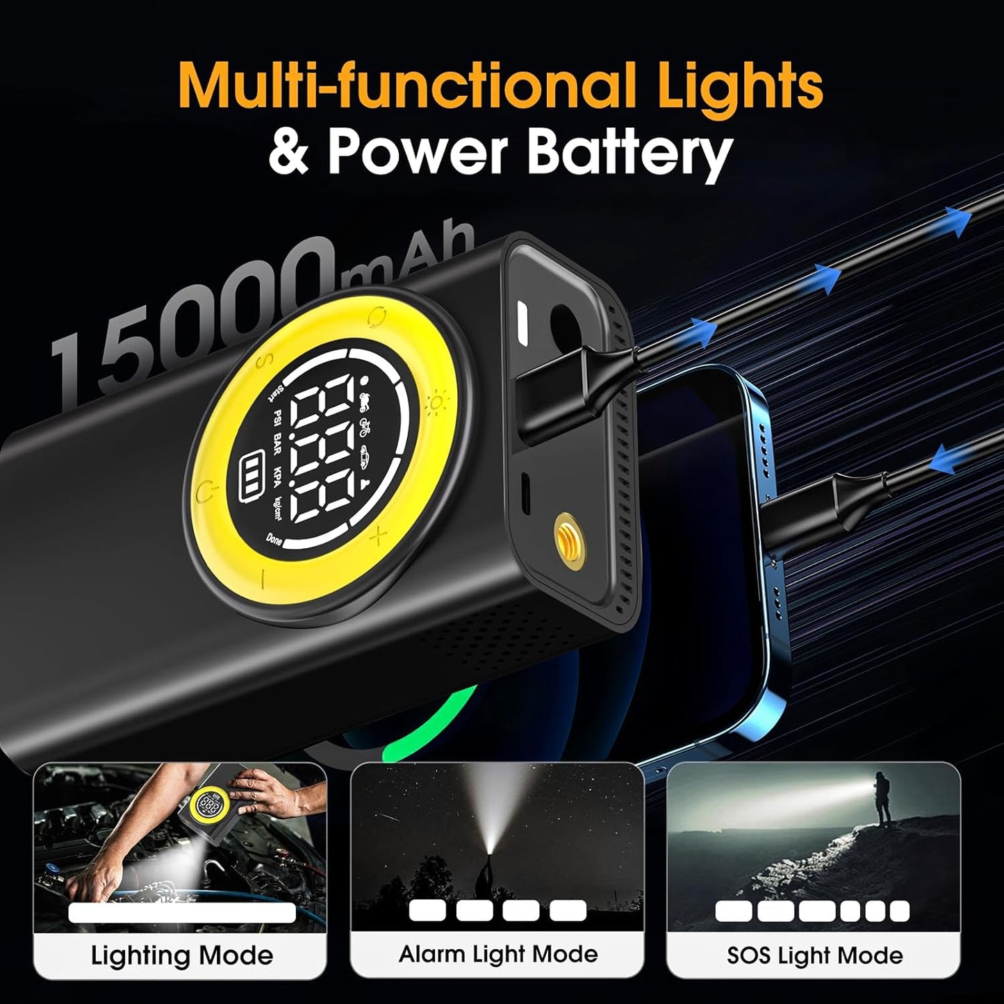 Tire Inflator Portable Air Compressor,150 PSI Cordless Air Pump for Car Tires with Digital Pressure Gauge & LED Light,5X Faster Portable Tire Inflator for Car,Motorcycle,Bike,Ball