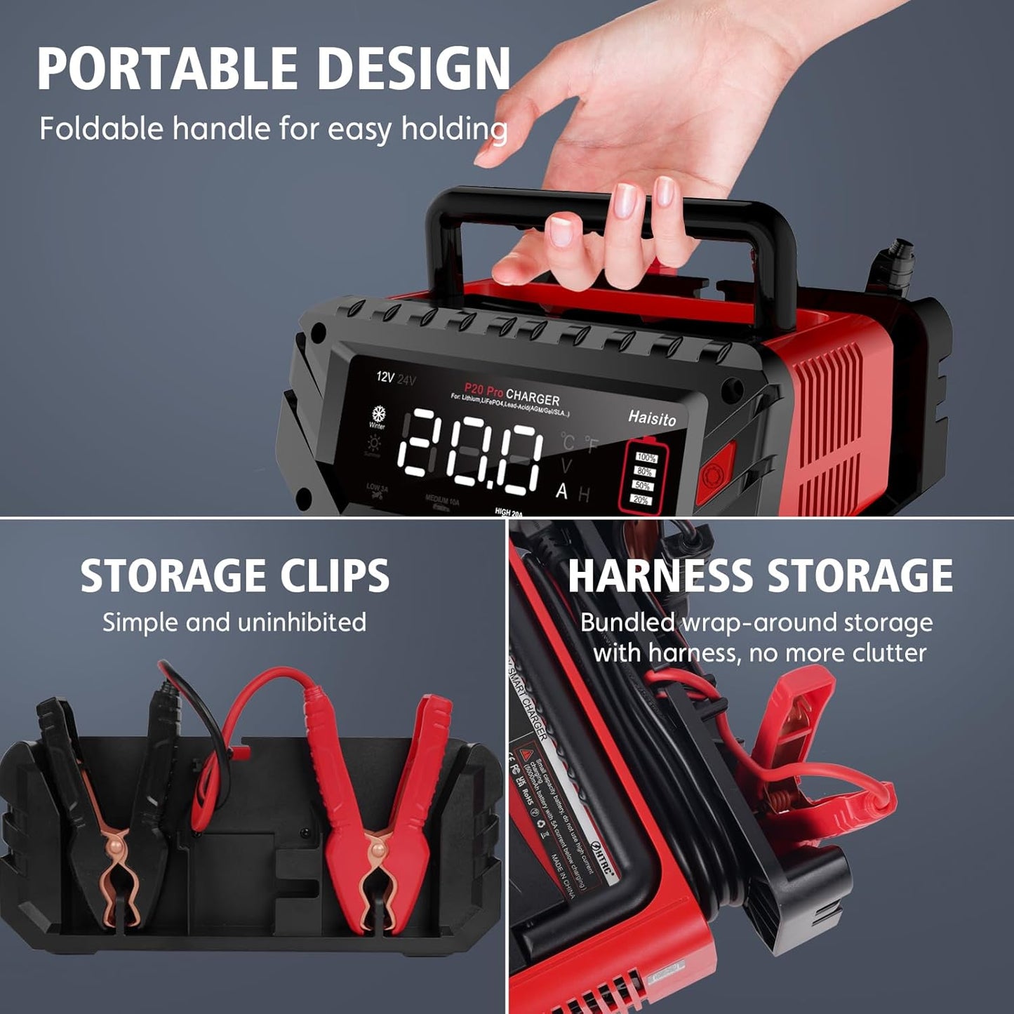 Haisito 20 Amp Lithium Battery Charger, 12V and 24V Lifepo4,Lead-Acid(AGM/Gel/SLA..) Portable Car Battery Charger,Battery Maintainer, Trickle Charger, and Battery Desulfator for Car,Boat, H-20-PRO