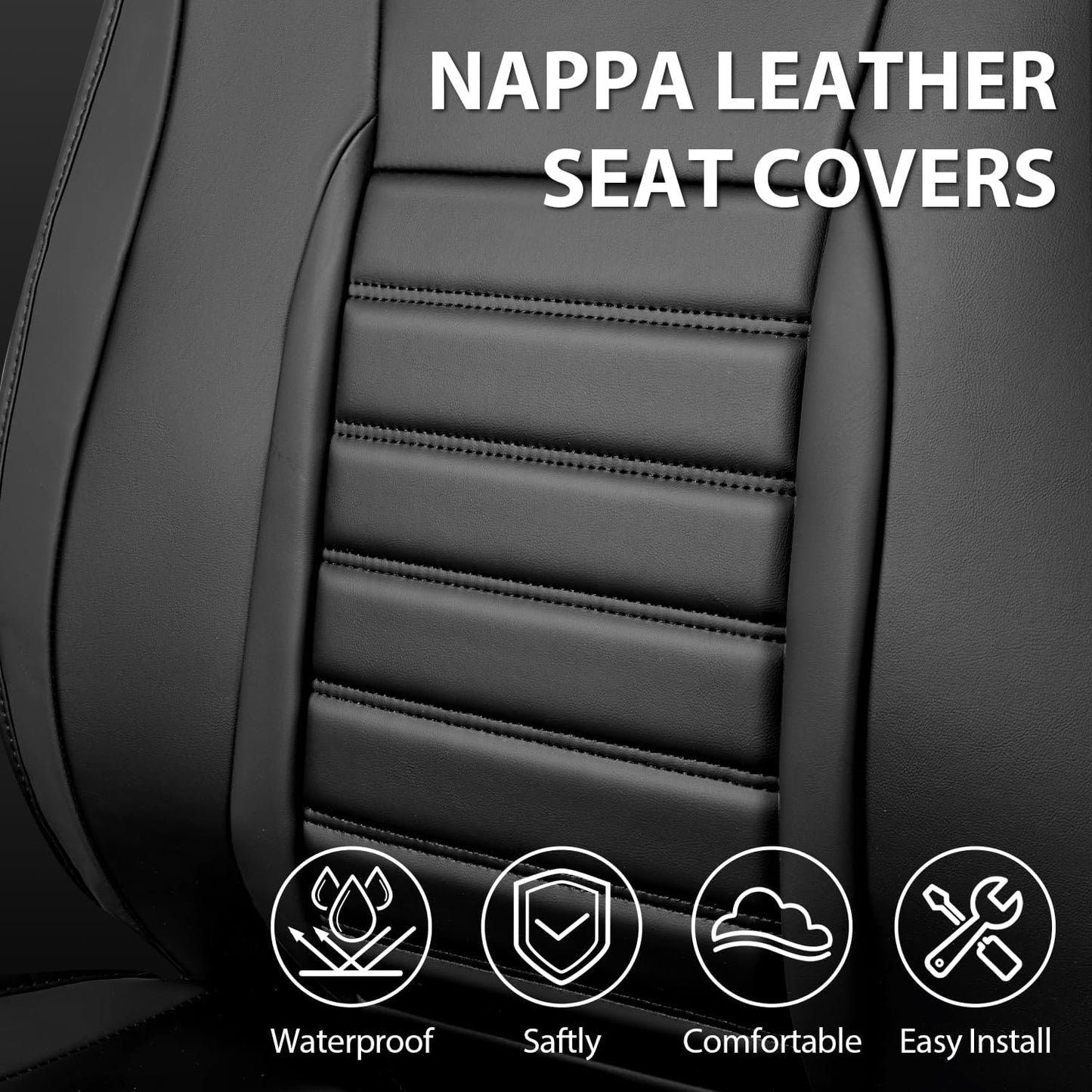 CAR PASS Nappa Leather Car Seat Covers Front Seats, Luxury Seat Protector for Cars, Waterproof Anti-Slip Seat Cushion Armrest Compatible Airbag Universal for Sedan SUV Pick-up Truck Automotive, Black