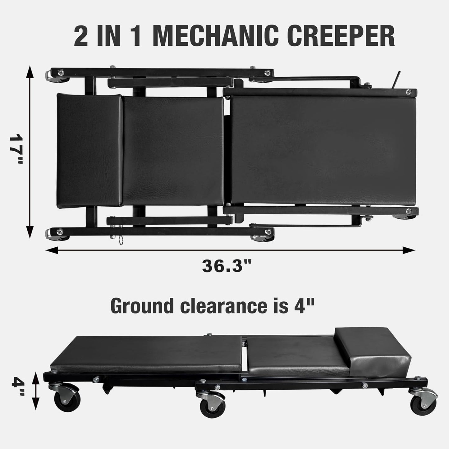 Torin 2-in-1 Foldable Garage Shop Creeper, 36" Black, 300 lbs Capacity, 6 Wheels, ATR6505B