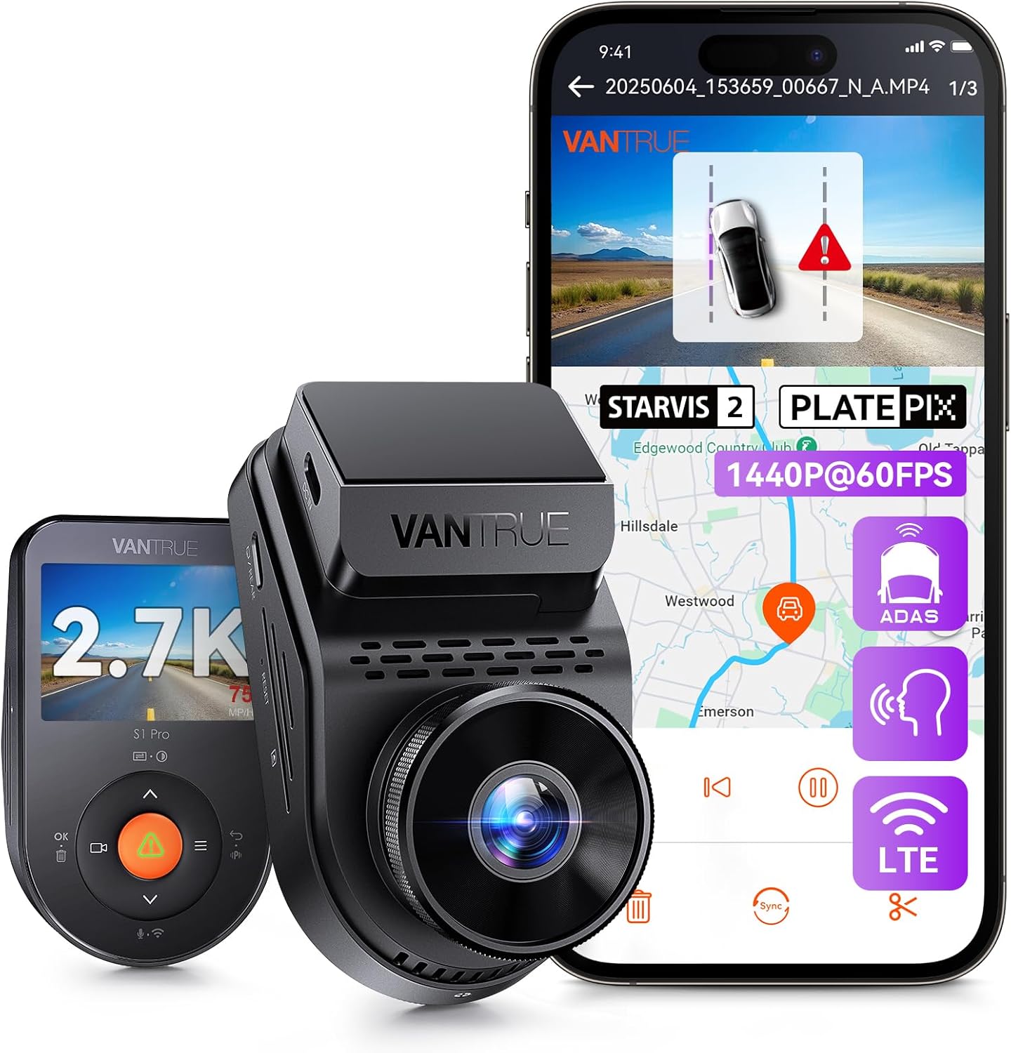 Vantrue S1 Pro 2.7K Front Mini Dash Cam, 2.5K@60FPS, STARVIS 2, ADAS, Voice Control, PlatePix™ Night Vision, WiFi, GPS, 158°Wide Angle, 24/7 Parking Mode, Support 1TB Card Max