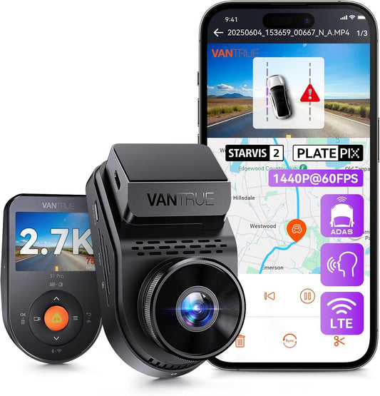 Vantrue S1 Pro 2.7K Front Mini Dash Cam, 2.5K@60FPS, STARVIS 2, ADAS, Voice Control, PlatePix™ Night Vision, WiFi, GPS, 158°Wide Angle, 24/7 Parking Mode, Support 1TB Card Max