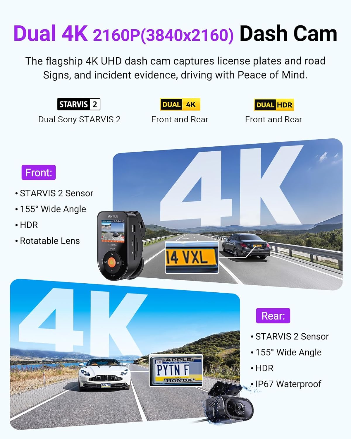 Vantrue S1 Pro Max 4K+4K Dash Cam Front and Rear, Dual 2160P Dash Camera with STARVIS 2 HDR PlatePix™ Night Vision, 5GHz WiFi, GPS Speed, 24/7 Parking Mode, ADAS/BSD, Optional LTE, Supports 1TB Max