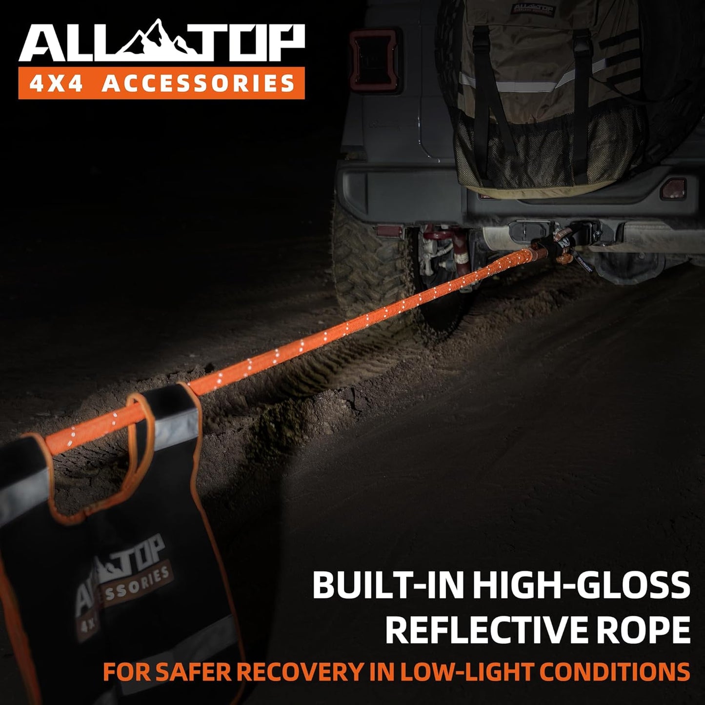 ALL-TOP Kinetic Recovery Rope (Reflective) 48000Lbs, 1in x 30ft, Heavy Duty 30+% Elasticity, 16000Lbs Work Load Limit for 4x4 Offroad