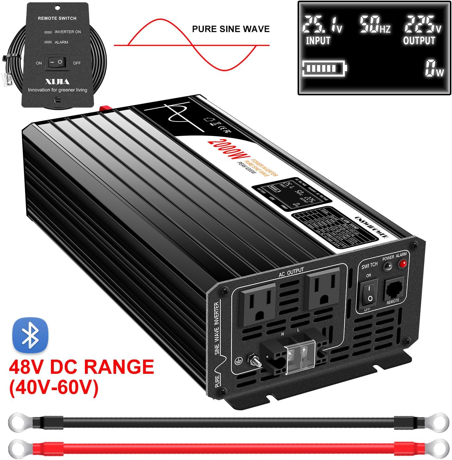 Xijia Pure sine Wave Inverter 2000W 48 Volt dc to 120 Volt ac Inverter (Peak Power 4000W) rv Converter 60HZ with Soft Start for car &Camping (DC48V (Range 40V-60V) 2000W)