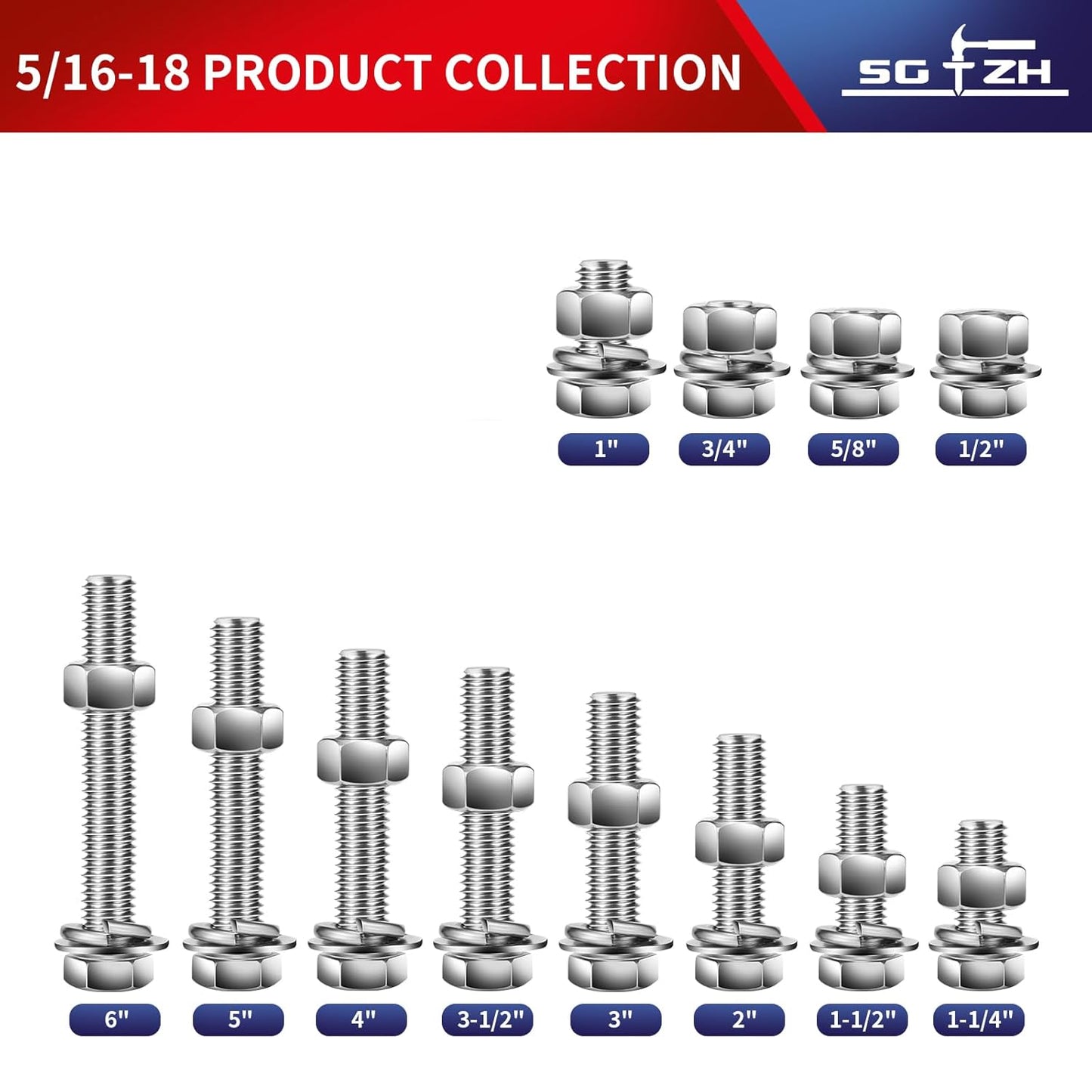 5/16-18 x 5/8" Hex Head Screw Bolt, Nuts, Flat & Lock Washers, 20Pcs 18-8 (304) Stainless Steel, Fully Threaded, by SG TZH