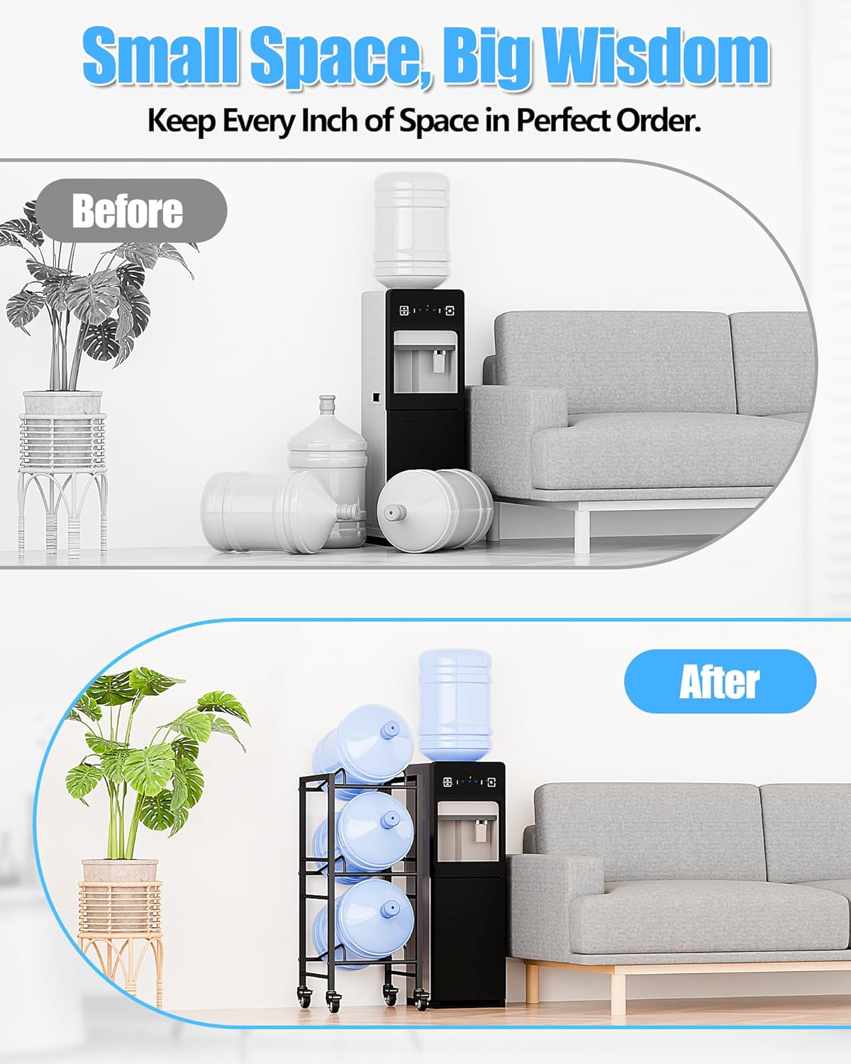 5 Gallon Water Jug Holder, Movable 3 Tier Heavy Duty Water Rack with 4 Wheels, Rack for Water Jug Storage, Space Saving Water Stand for Three 5 Gallon Water Jugs, Black