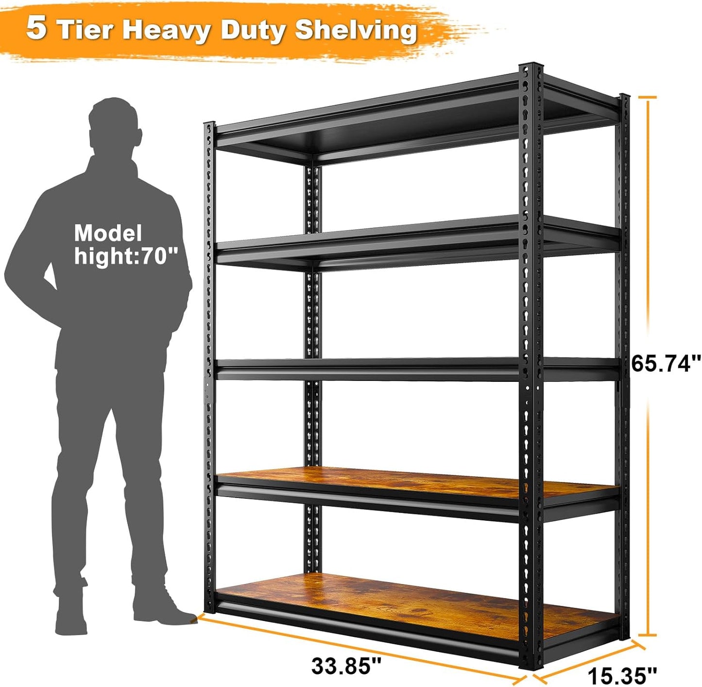 REIBII Garage Shelving 2500LBS Storage Shelves Adjustable Metal Shelving Heavy Duty Shelving 65.7" H Metal Shelves for Pantry Kitchen 15.35" D x 33.85" W x 65.74" H Black