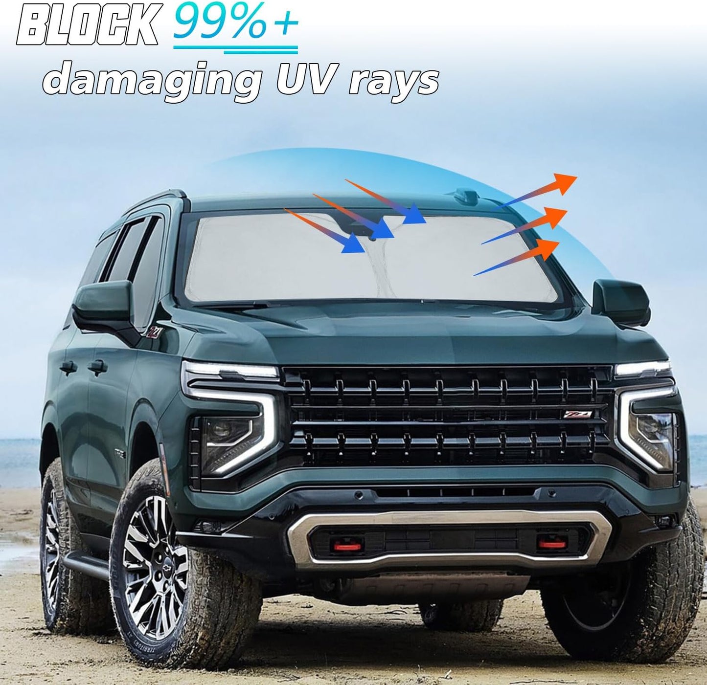 ROCCS Windshield Sunshade UV Ray Reflector Compatible with Chevy Tahoe GMC Yukon 2021-2025 Front Window Sun Shade Shield Cover Foldable Reflective Sun Visor