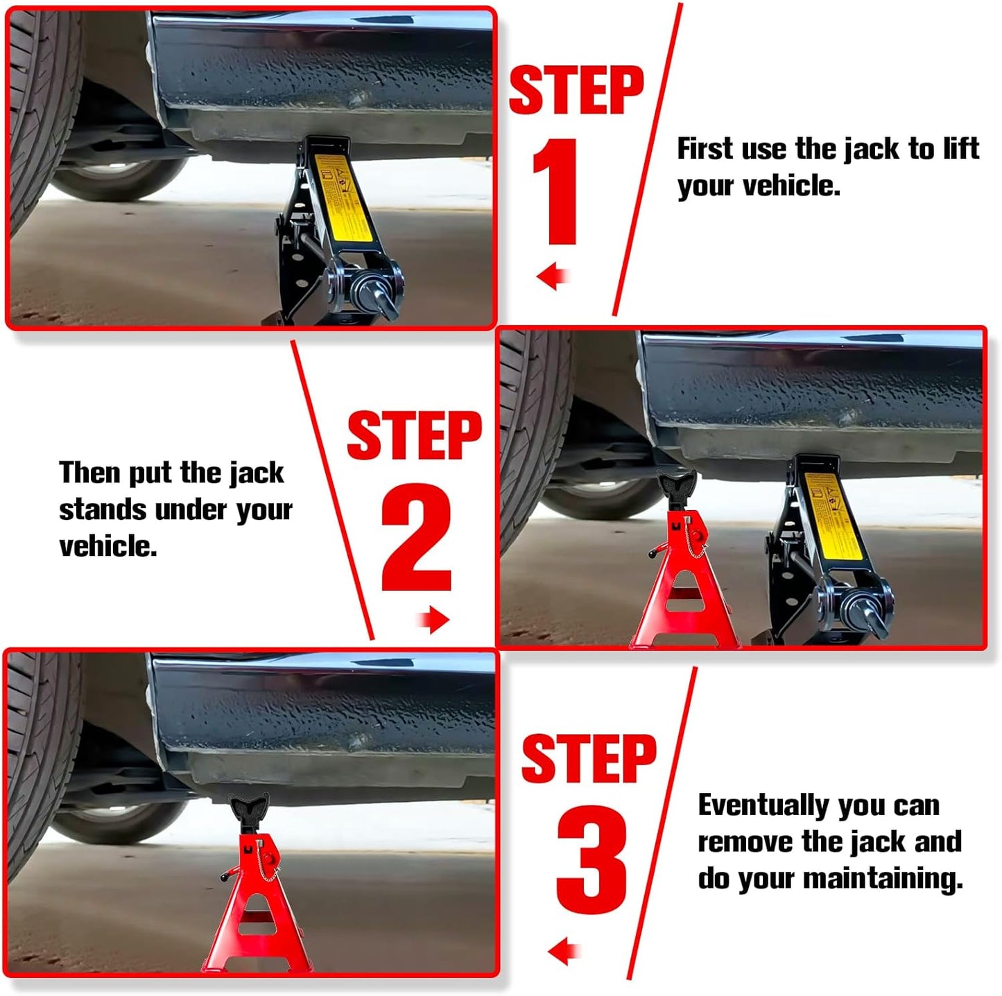 Jack Stands 3 Ton (6,600 LBs), 11.22"-16.54" Adjustable with Double Pin Locking for Reinforced Safety. Car Jack Stand with Extra Rubber Pads for Trucks, Home,Garage,Lifting,1 Pair Red