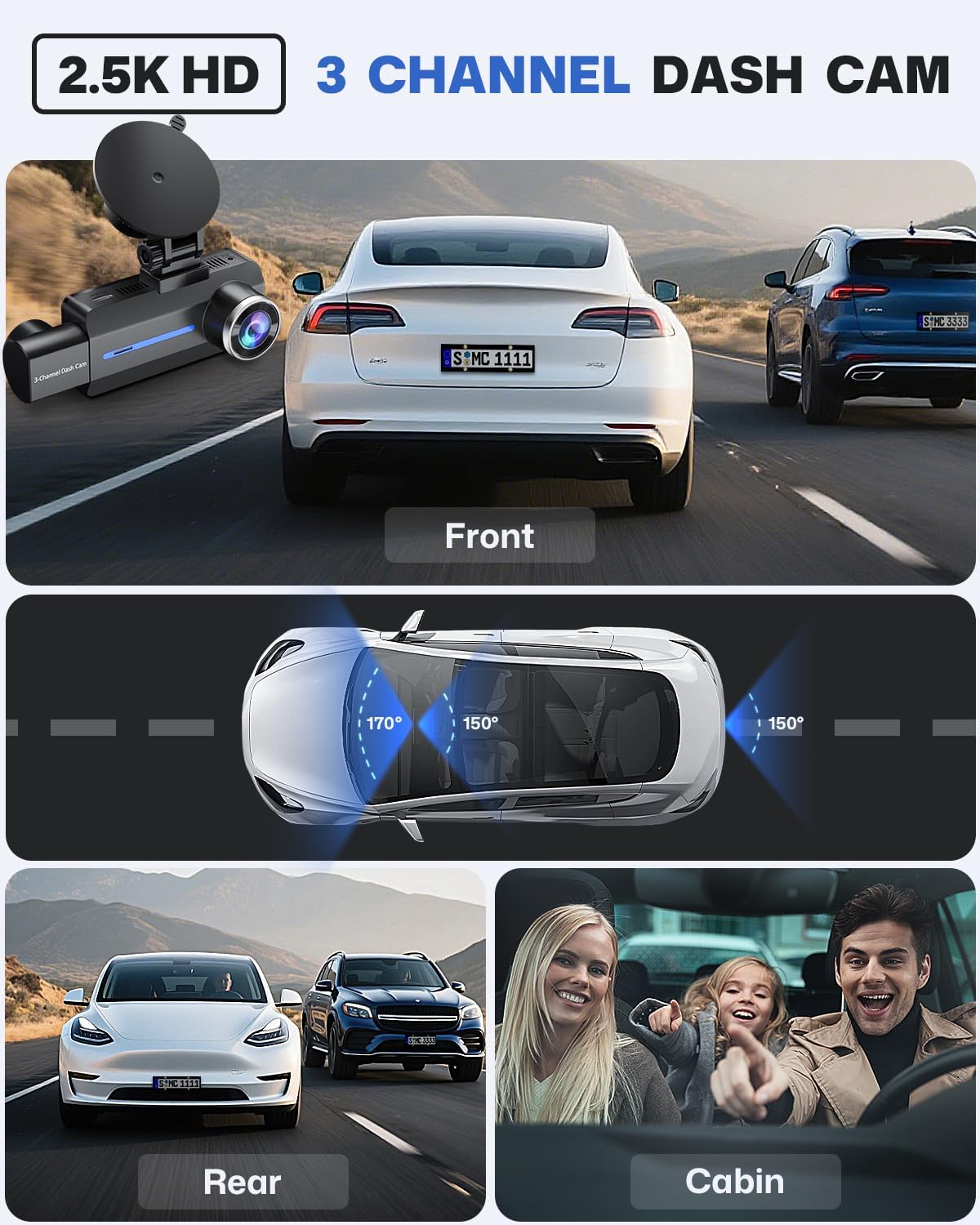 Dash Cam Front and Rear 2.5K/1440P, 3 Channel Dash Camera for Cars Dash Cam Front Rear and Inside with 32GB Card, 3.16" IPS Screen, G-Sensor, Loop Recording, Night Vision, Parking Mode