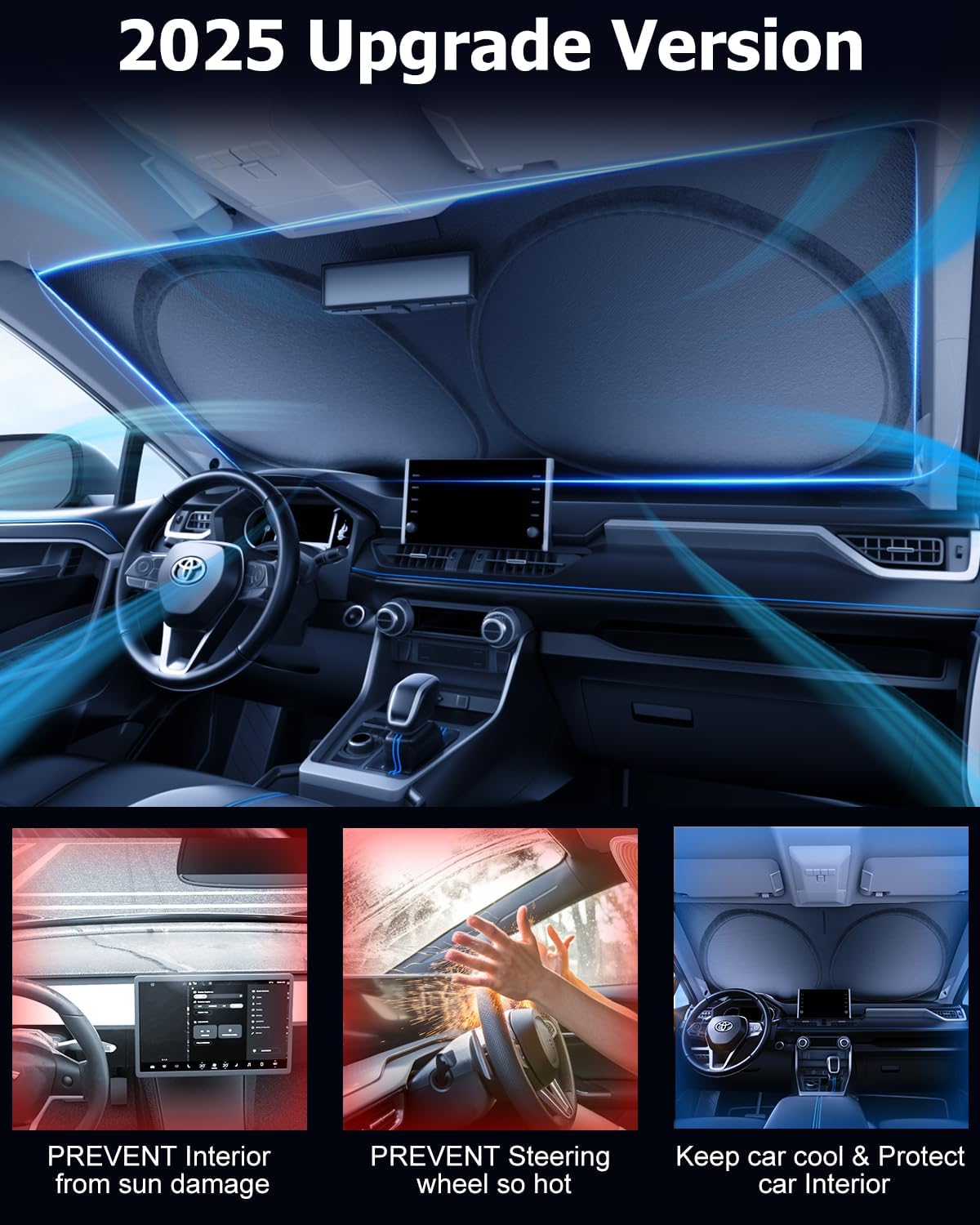 [2025 Upgrade] DMJN Windshield Sun Shade Car, [100% Sun Bolck & UV Reflective] Keep Car Cool & Interior Protection Sunshade, Flexible & Durable Sun Visor Universal Fit Medium