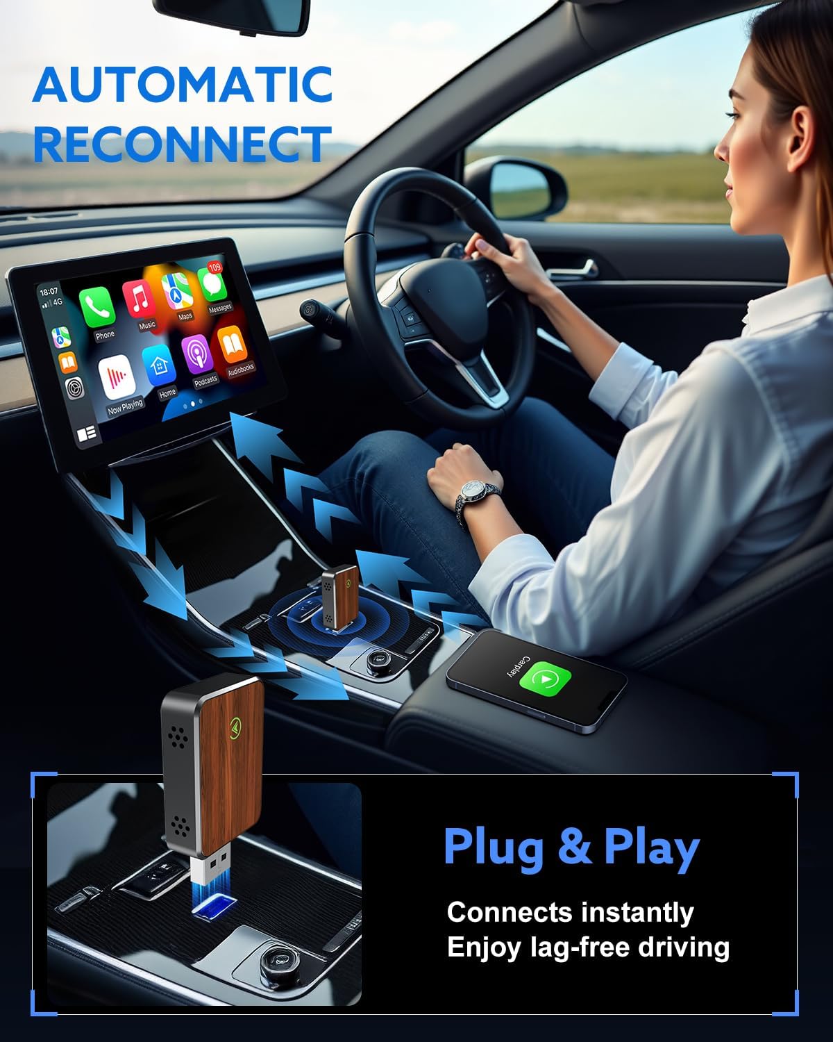 Wireless Carplay Adapter for iPhone & Android Auto 2-in-1, Convert Factory Wired to Wireless Carplay Dongle, Plug & Play Carplay Wireless Adapter for iPhone iOS 10+, Black