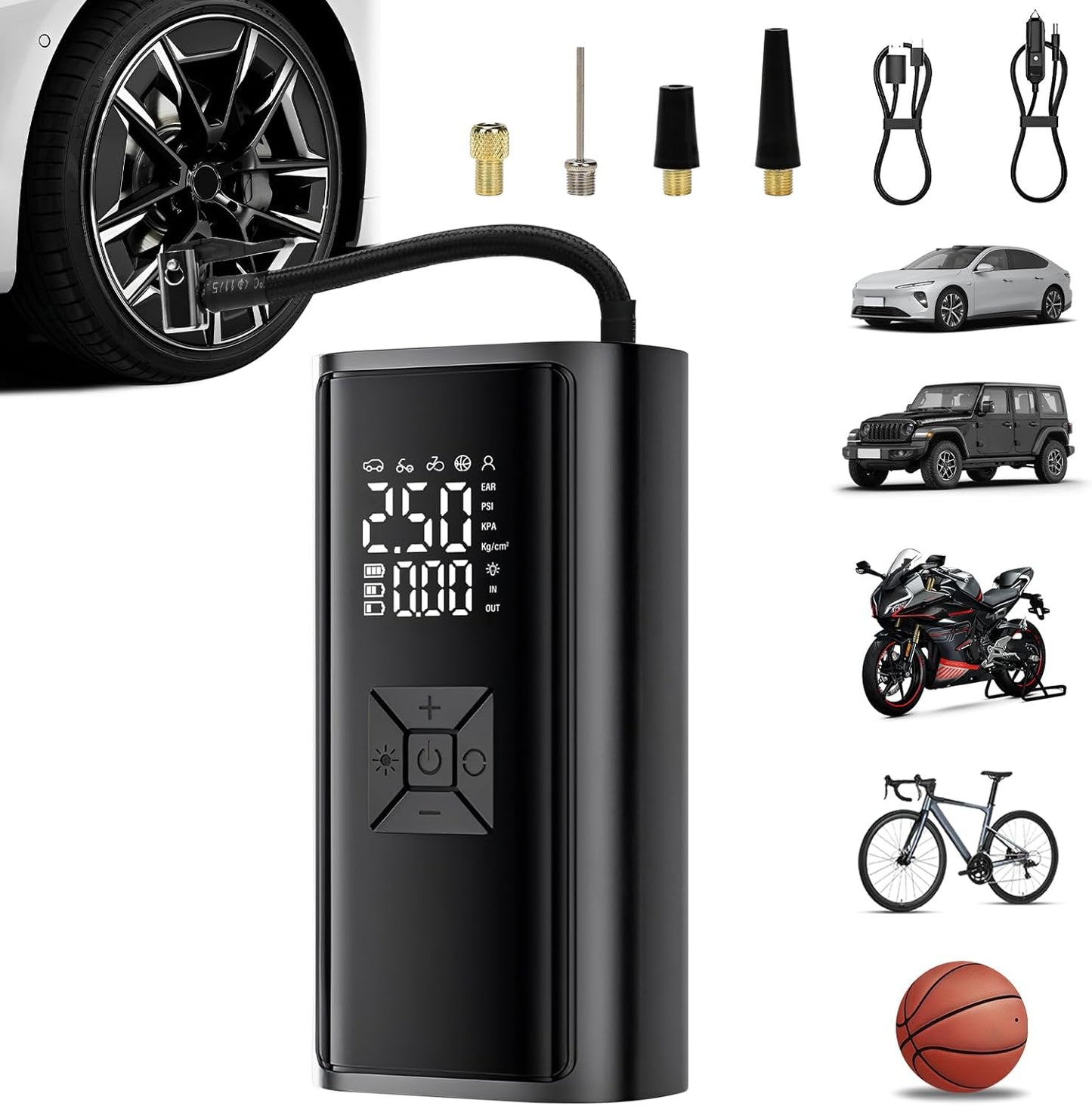 Tire Inflator Portable Air Compressor - Cordless Air Pump with Digital Tire Pressure Gauge, Accurate Dual LCD Display & LED Light, for Car/Motorcycle/E-Bike/Ball