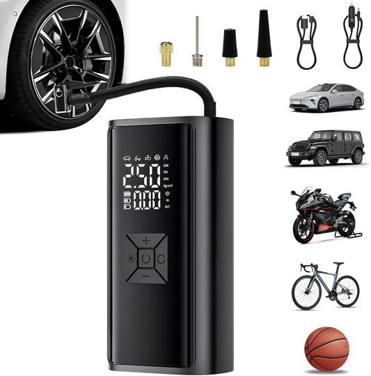 Tire Inflator Portable Air Compressor - Cordless Air Pump with Digital Tire Pressure Gauge, Accurate Dual LCD Display & LED Light, for Car/Motorcycle/E-Bike/Ball