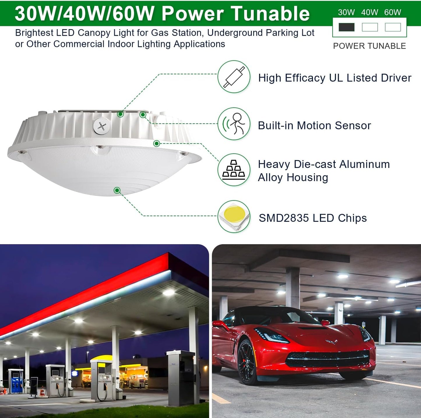 OSTEK LED Canopy Gas Station Light with Motion Sensor 30W/40W/60W Power Selectable 5000K LED Parking carport Lights 90-277V IP65 Commercial Residential Lights DLC & UL Listed