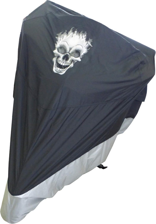 Formosa Covers | Motorcycle Cover, All Season Waterproof Outdoor Protection, Fit up to 108 Inch Tour Bikes, Choppers and Cruisers – Flaming Skull Logo (XXL, Black & Silver)