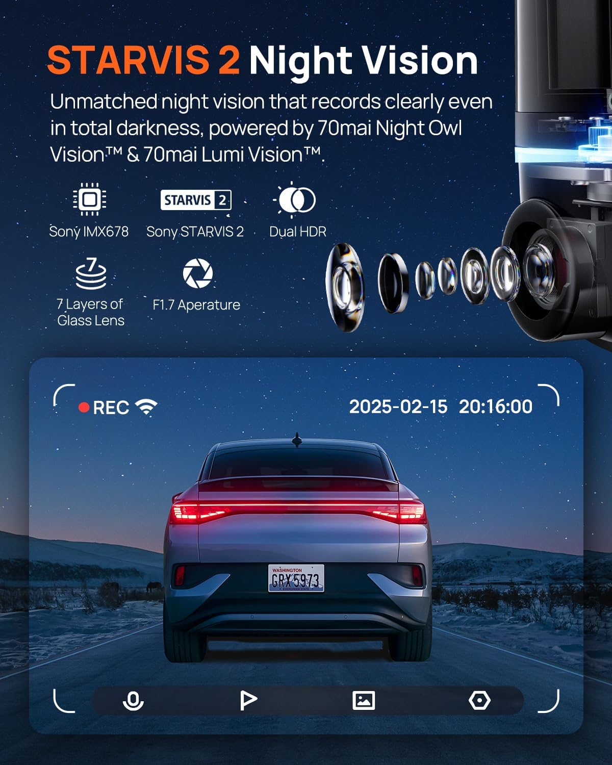 70mai Dual Dash Cam Front and Rear 4K, Car Camera for Cars with Sony IMX678, STARVIS 2 Night Vision, 4G LTE, AI Motion Detection, ADAS, 5GHz Wi-Fi 6, Parking Monitor, Voice Control (4K Omni X800)