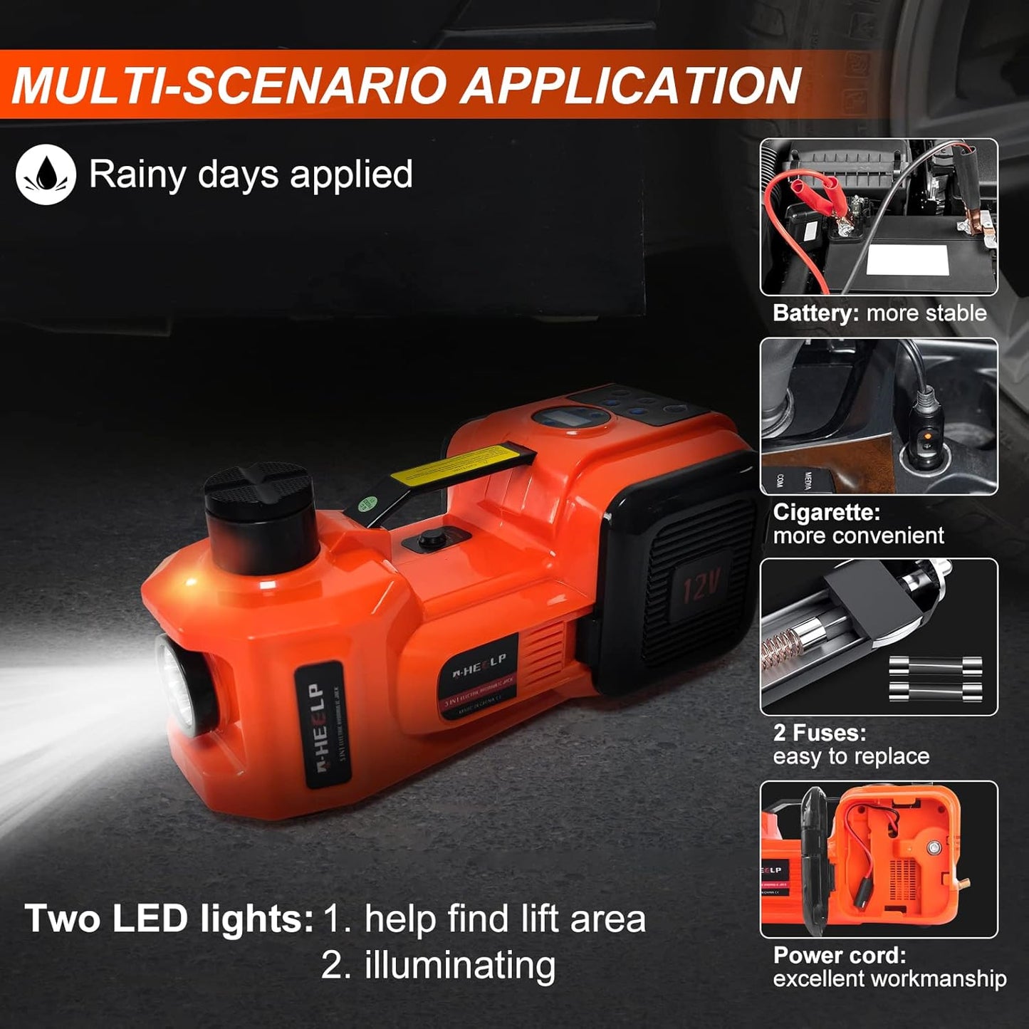 E-HEELP Electric Car Jack Kit 5Ton 12V Hydraulic Car Jack Lift for SUV MPV Sedan Truck Change Tires Garage Repair with LCD