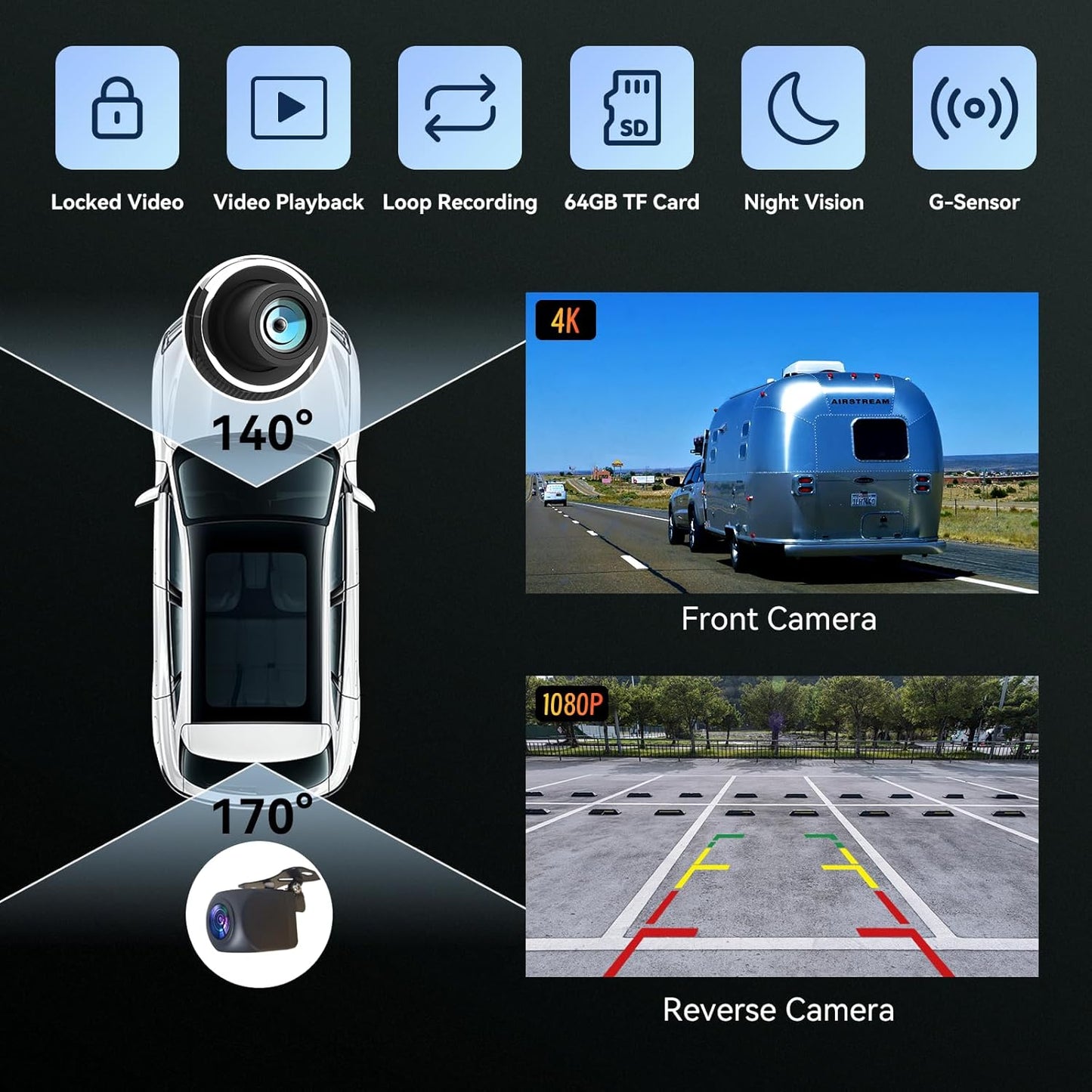 7” Wireless Carplay &Android Auto IPS Touch Screen, Portable Car Stereo with 4K Front Dash Cam + 1080p Backup Camera, Bluetooth/GPS Navigation/Mirror Link/Voice Control/Loop Recording with 64GB TFCard