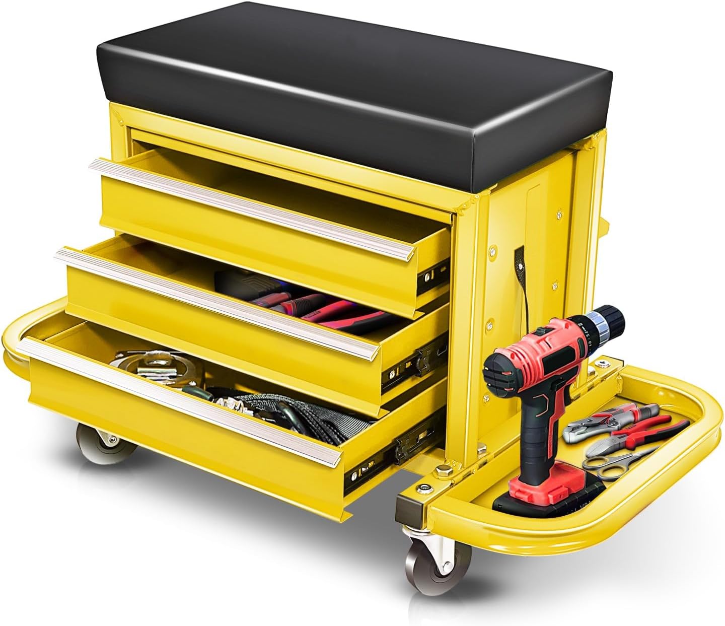 Auto Dynasty 3-Drawer Mechanic Rolling Seat, 350 LBS Capacity Roller Garage Shop Seat with Storage Tool Tray for Workshop, Repair Shop, Warehouse, Yellow
