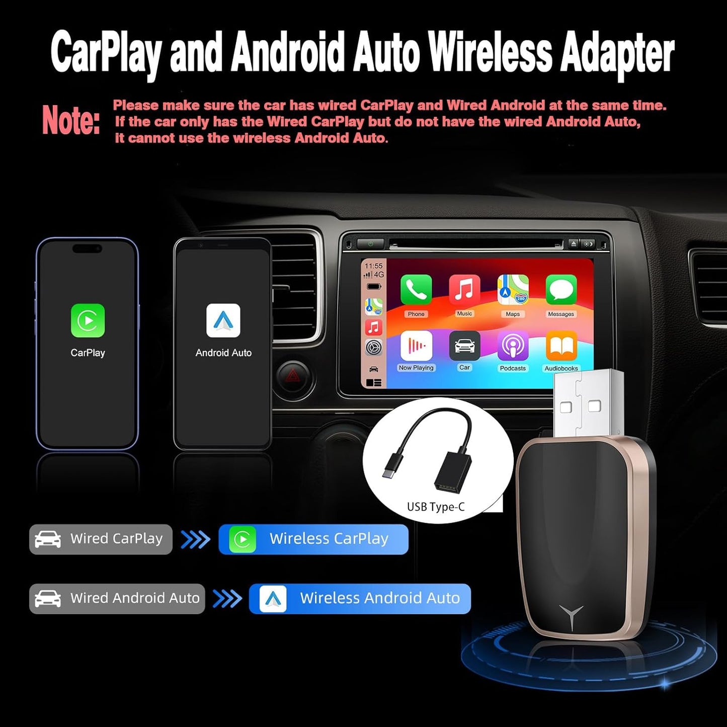 Mini Wireless CarPlay Adapter for iPhone, 2 in 1 CarPlay and Android Auto Wireless Adapter for Cars, Plug & Play, Fast Connection for Android 11+ and CarPlay iOS 10+