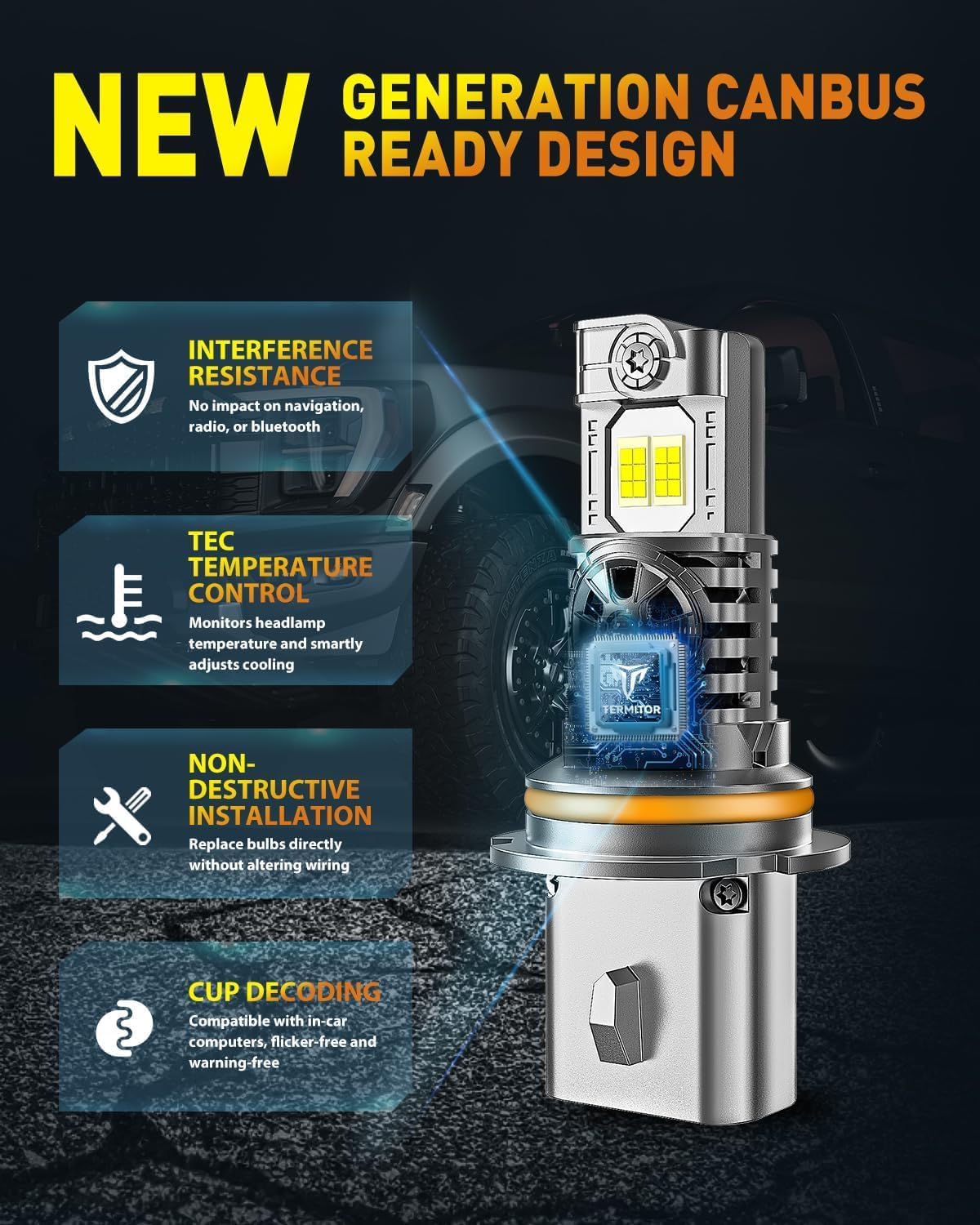 Upgraded 9007/HB5 LED Bulbs, 60,000LM 12X Ultra-Brighter, 6500K Cool White, 1:1 Halogen Size Driving Light, Plug-N-Play, IP68 Waterproof, Pack of 2