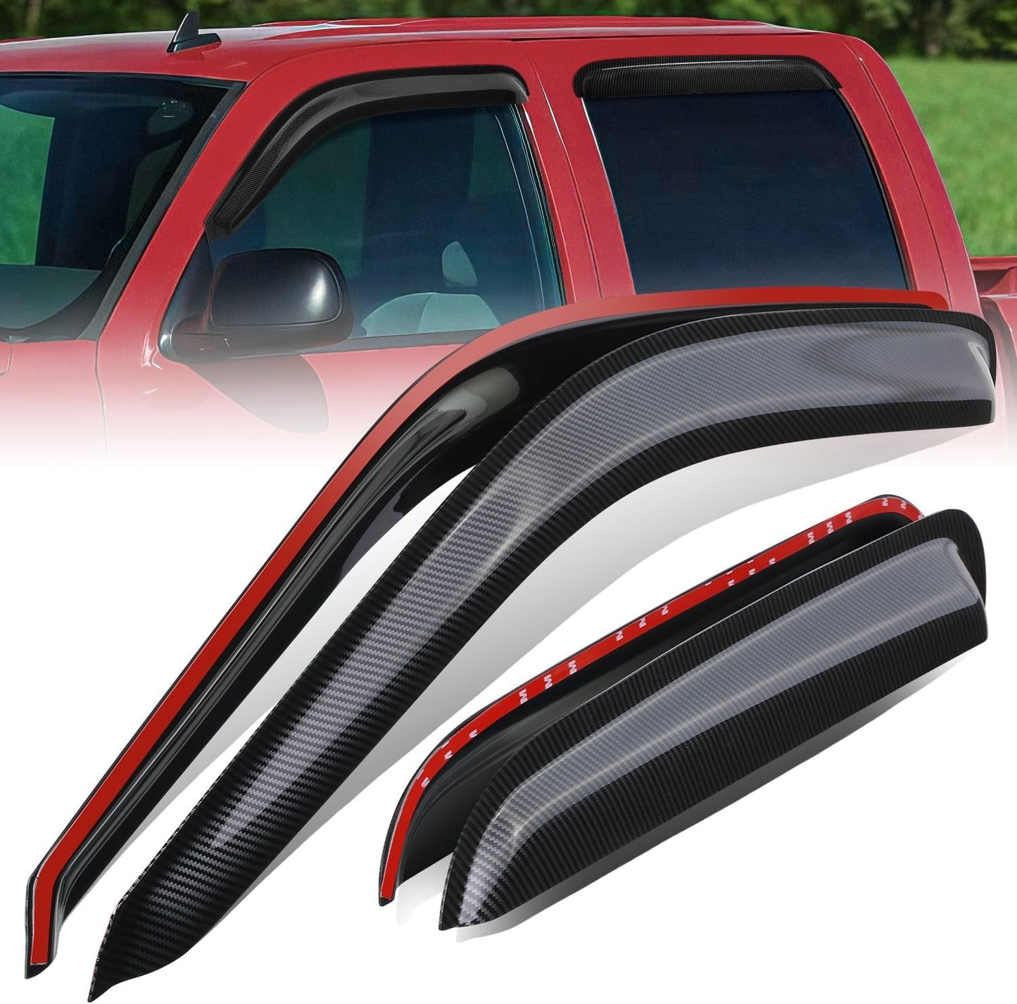 Auto Dynasty Set of 4 Carbon Fiber Pattern Window Visors Compatible with 1999-2007 Chevy Silverado GMC Sierra 1500 2500 HD 3500 Classic, Tape-On Rain Guards Shield Vent Shade Deflector Glossy Black