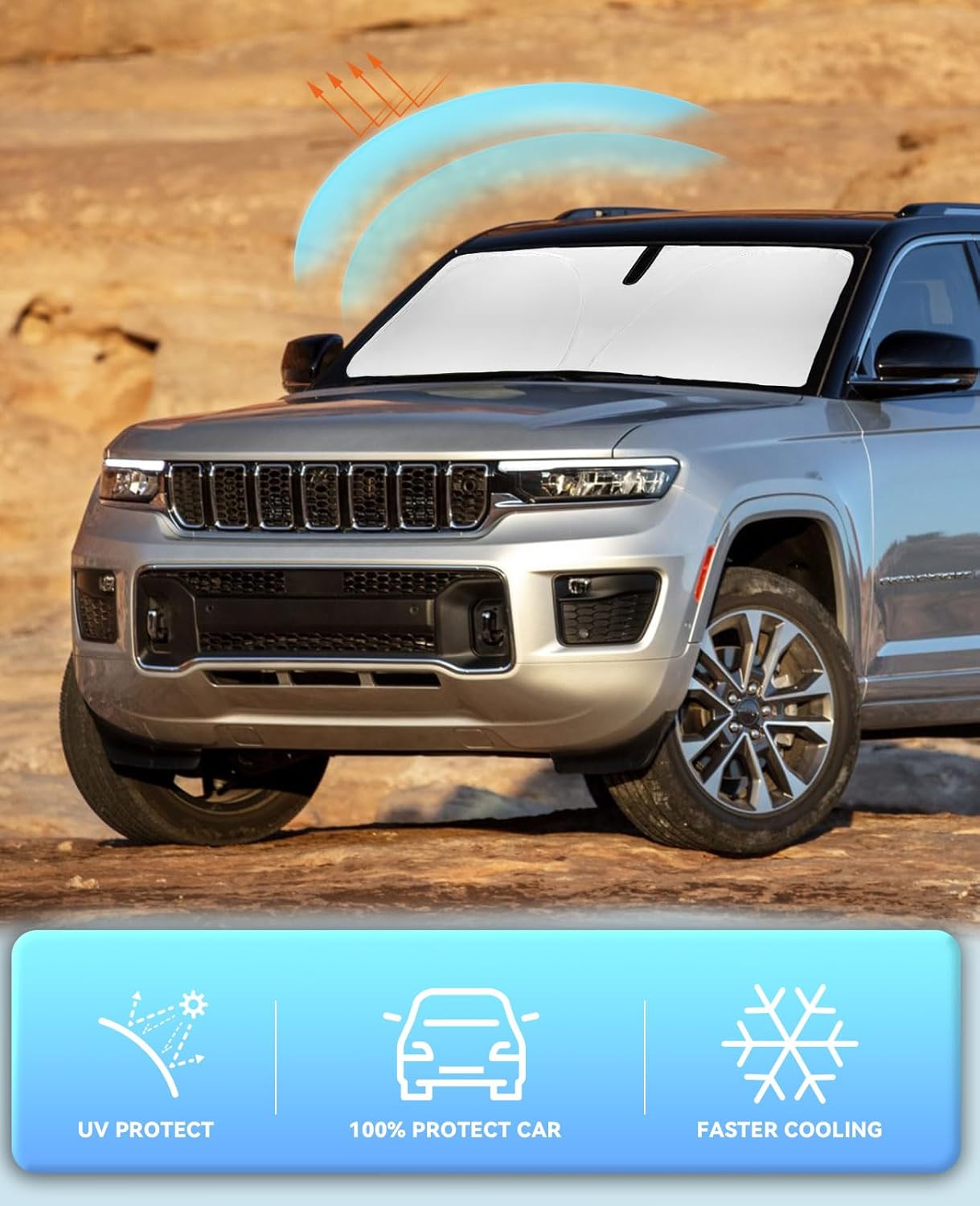 Sunshade for Cherokee Windshield Sun Shade for Jeep Cherokee 2014-2024 2025 (Not for Jeep Grand Cherokee) Accessories Front Window Sun Visor Protector Cover for Windshield Blocks UV Rays