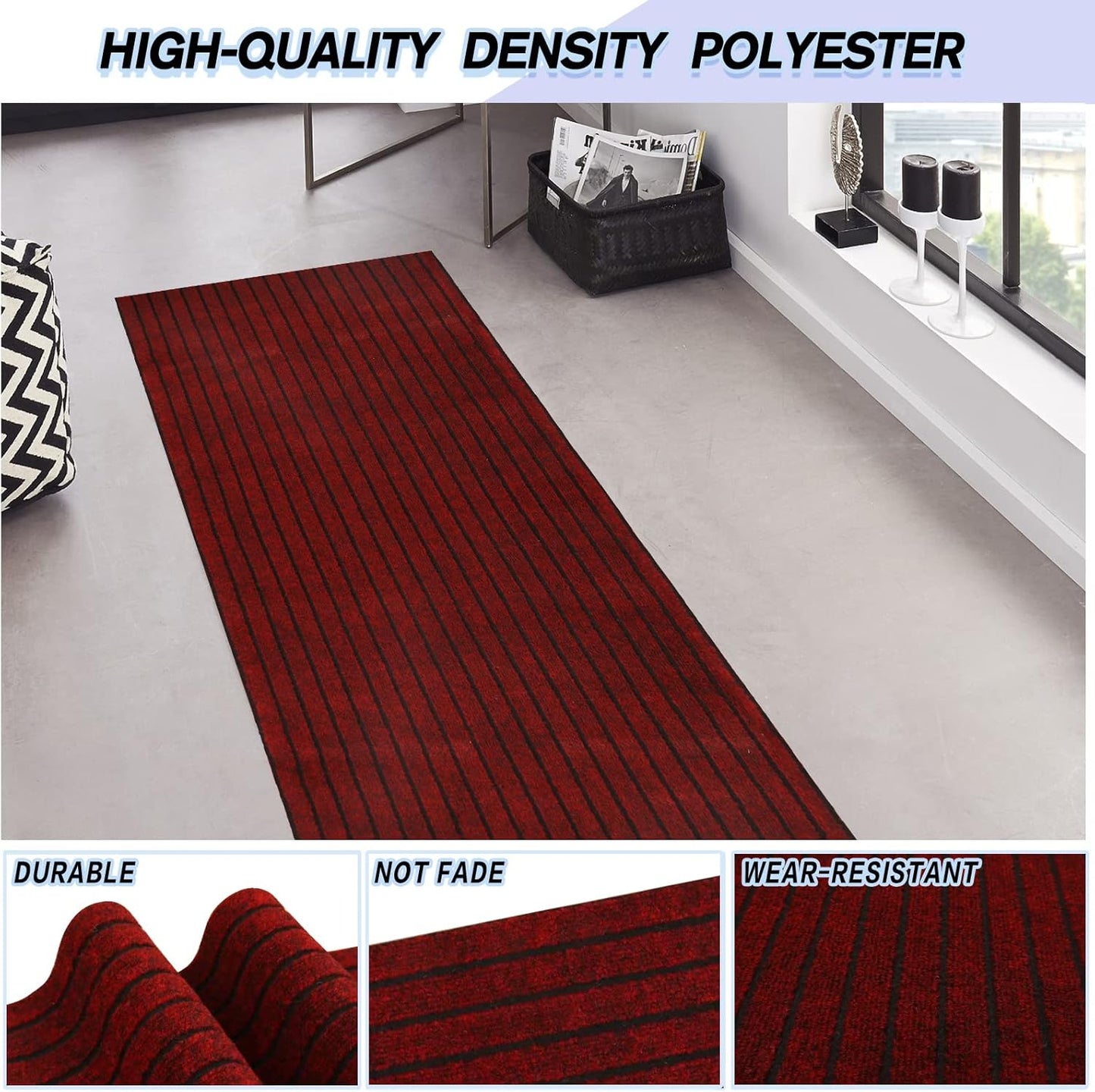 Custom Size Backed Non-Slip Area Rugs Runner, Easy Clean, Waterproof Runner Rugs for Hallway Entryway, Kitchen, Laundry, 2FT x 28FT, Red Stripe