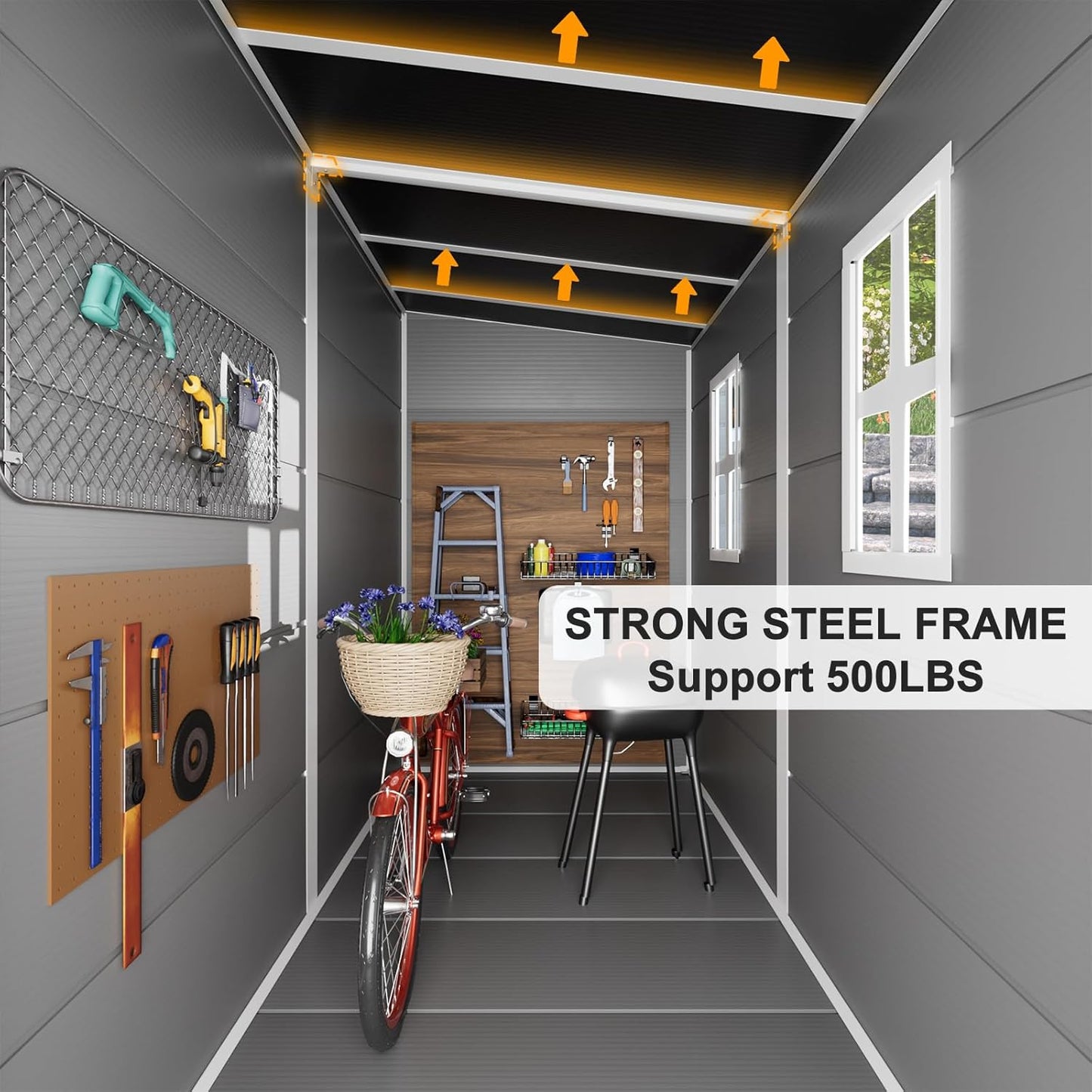 8x4 FT Resin Storage Shed with Floor Window for Outdoor Garden Waterproof Plastic Sheds Kit for Backyard Tool Storage, Gray