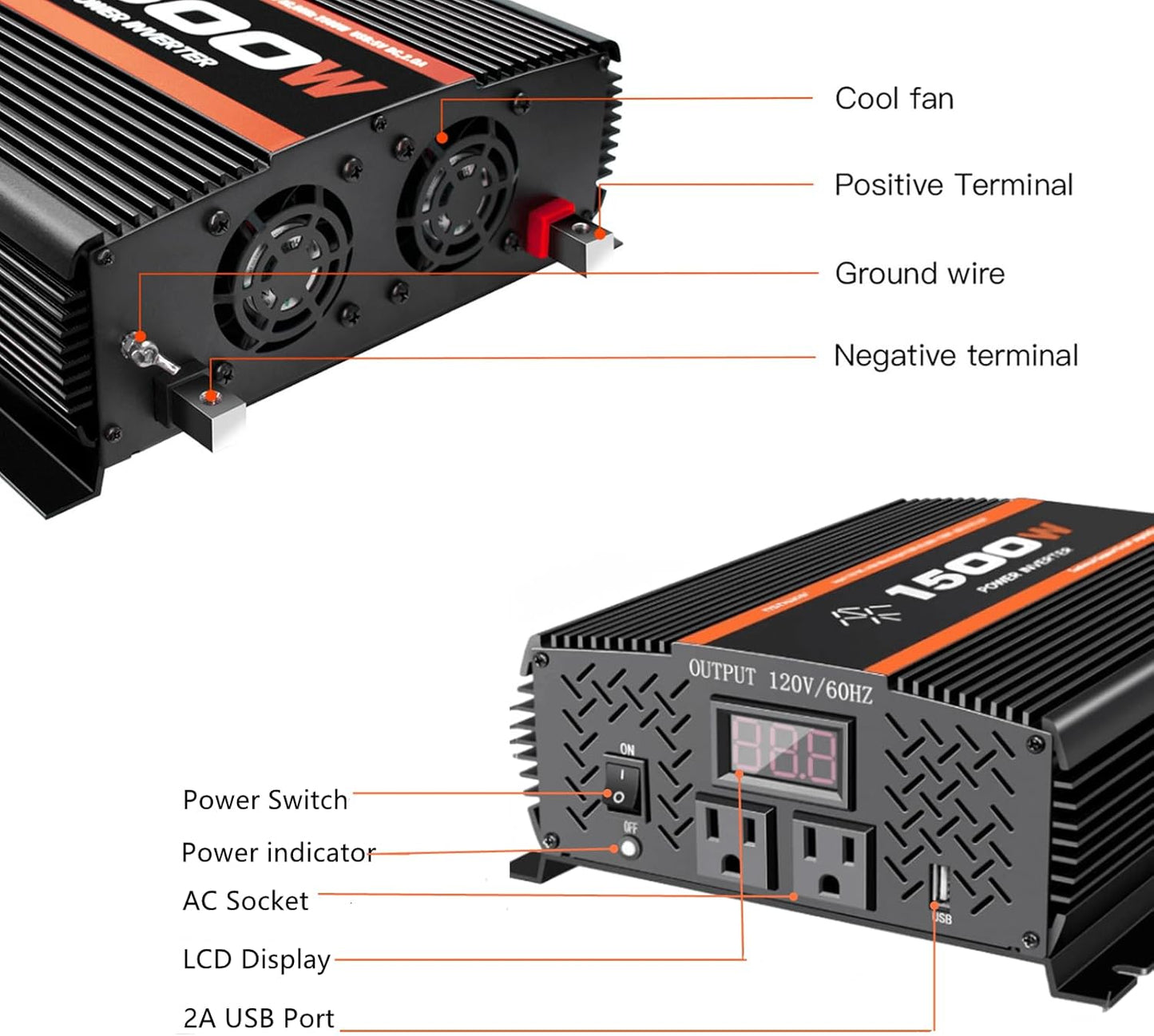 1500 Watt car Power Inverter 12V to 110V/120V for RV car Truck semi Truck Vehicles Camping with LCD Display 1500W