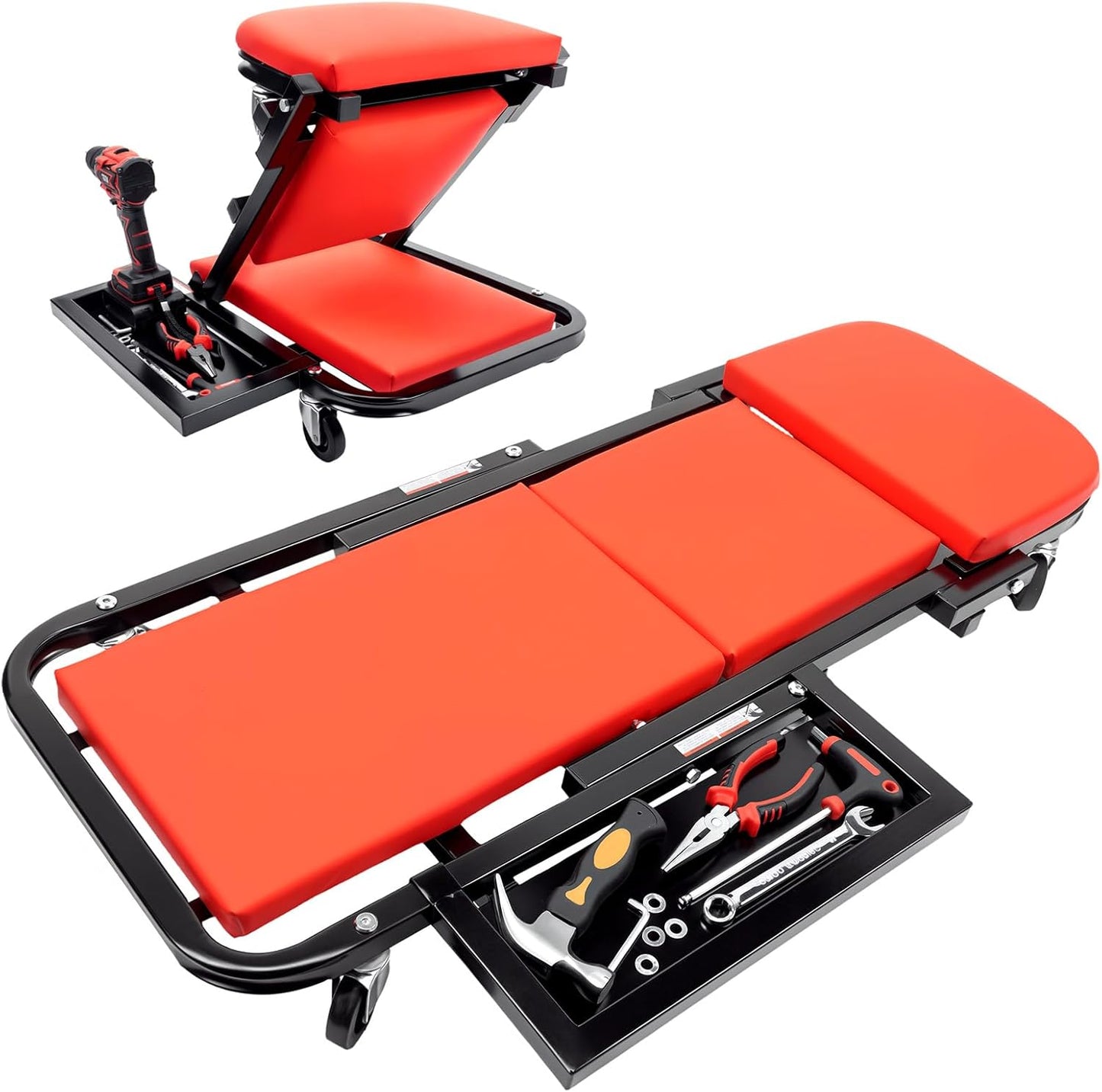 Mechanic Creeper 40 inches 2-in-1 Mode Z Seat with Tool Tray, 480lbs Capacity, Foldable Garage Adjustable Rolling with 6pcs Roller, Lay Down Sit Lean Back, Under Car Auto Repair Men Gift, Red